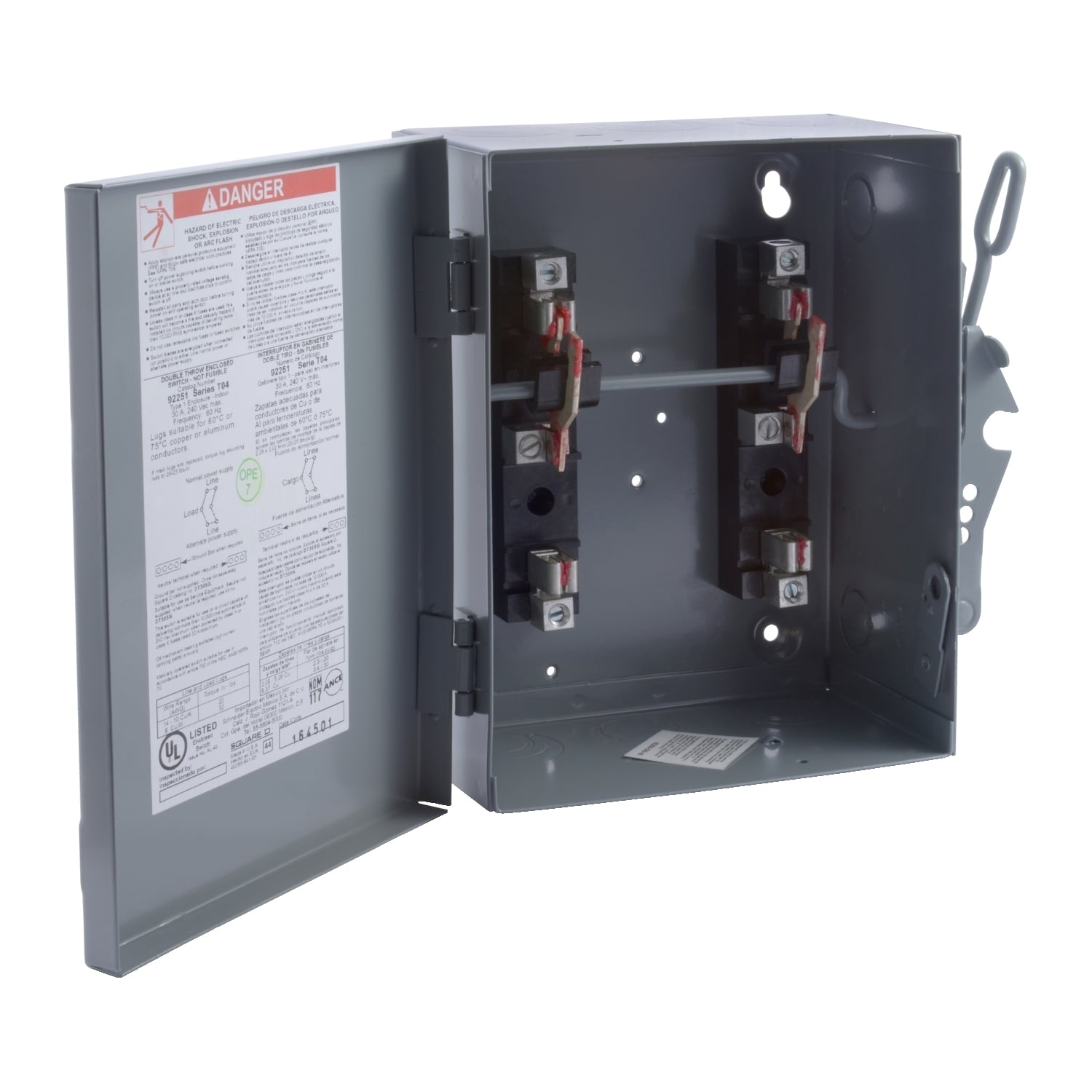 Safety switch, double through, non fusible, 30A, 240V, 2 poles, NEMA 1, fuse class T4