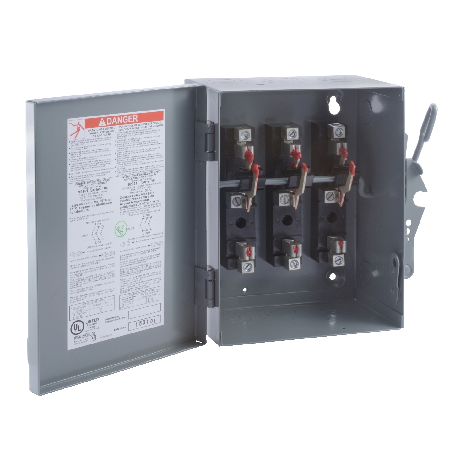 Safety switch, double through, non fusible, 30A, 240V, 3 poles, NEMA 1, fuse class T4