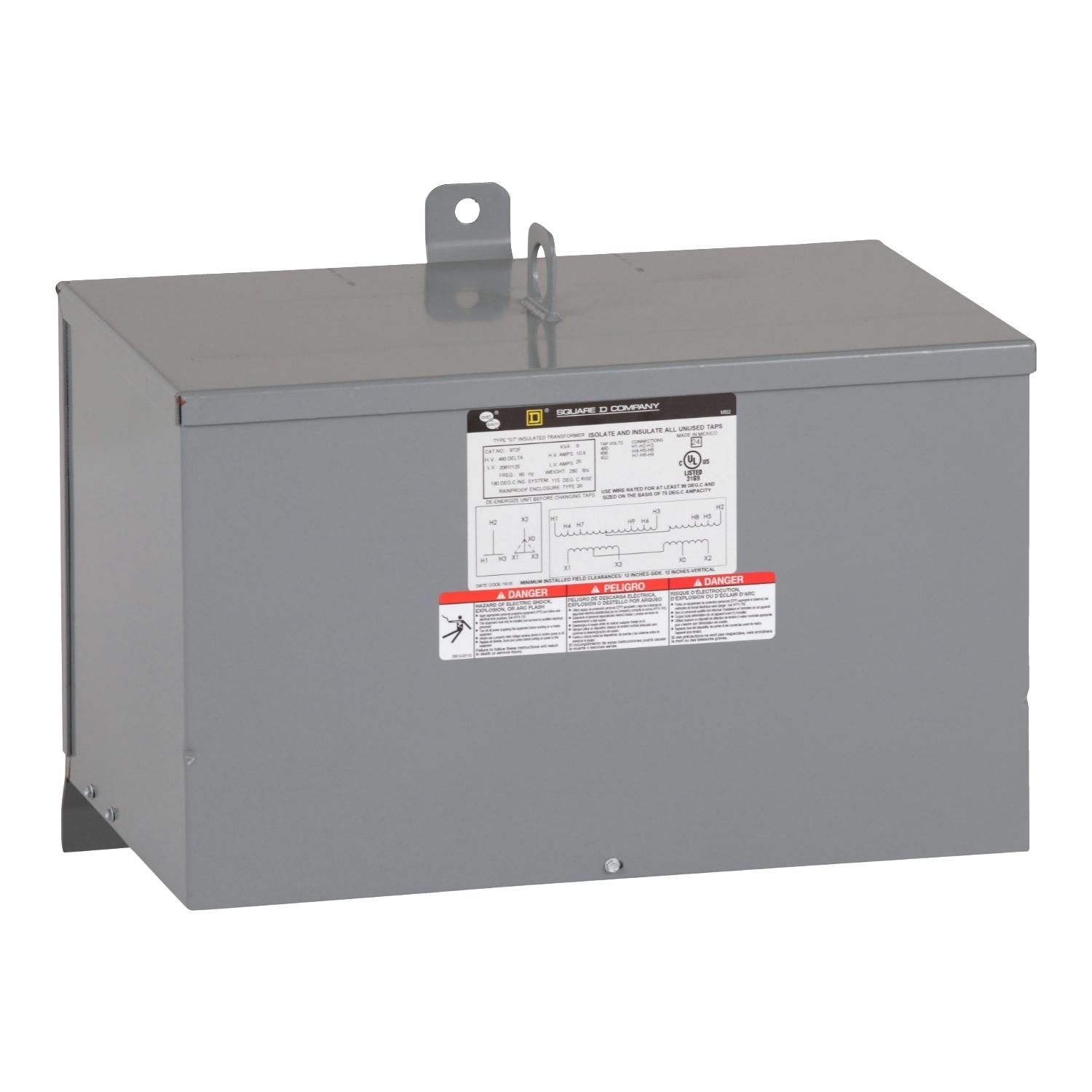 9T2F Dry Sealed Encapsulated General Purpose Resin Sealed Transformer, 480 Delta VAC Primary, 208Y/120 V AC Secondary, 9 kVA Power Rating, 60 Hz, 3 Phase