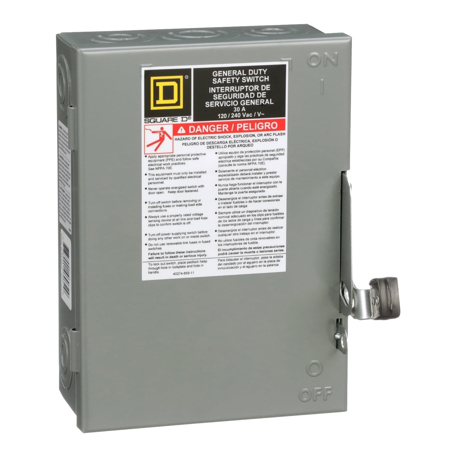 D211N E3 Series Fusible General Duty Safety Switch, 120/240 V AC, 30 A, 1/2 hp, 2 hp, 1-1/2 hp, DPST Contact, 2 Poles