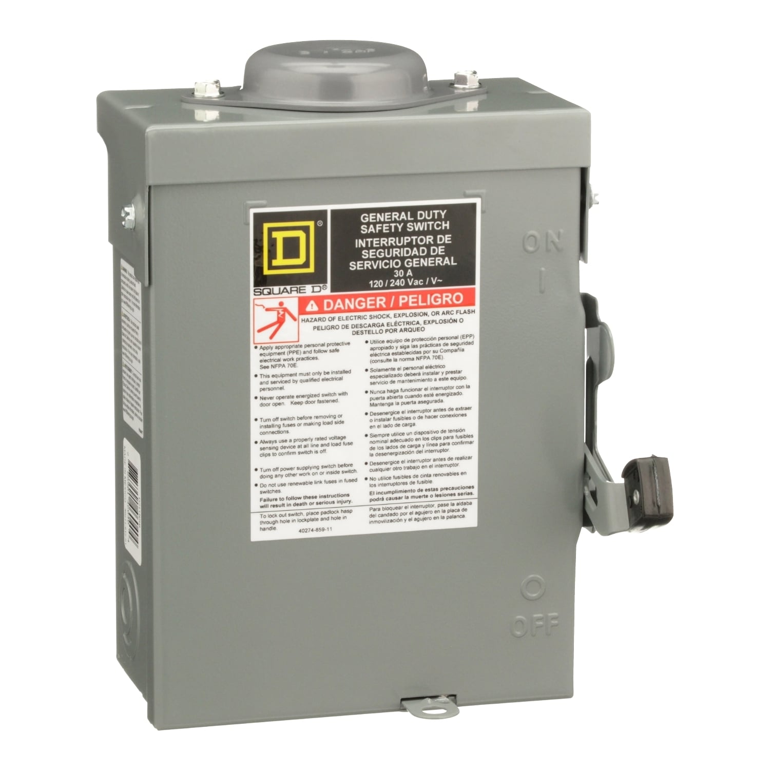 D211NRB E2 Fusible Rainproof Iceproof Sleetproof General Duty Safety Switch With Factory Installed Neutral, 120/240 V AC, 30 A, 1/2 hp, 2 hp, 1-1/2 hp, DPST Contact, 2 Poles