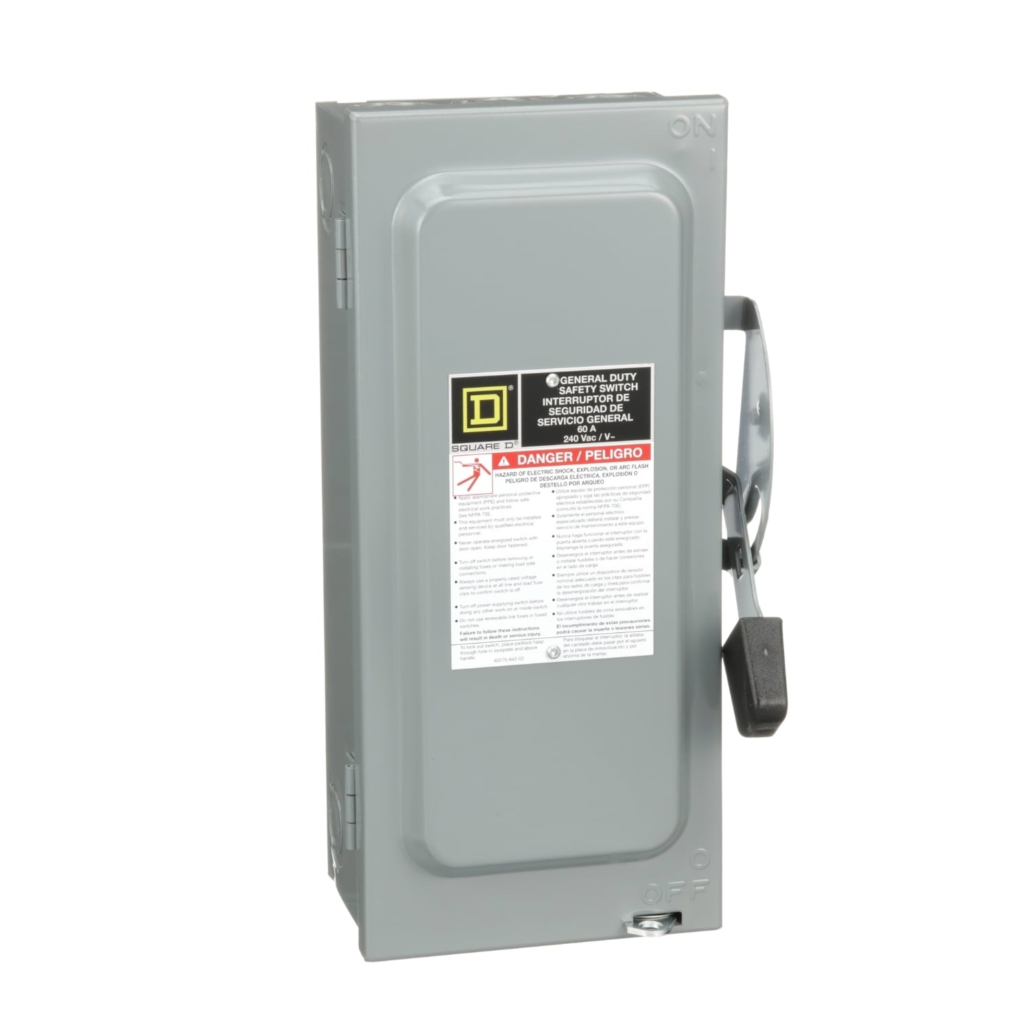 D222N F1 Enclosed Fusible General Duty Safety Switch, 240 V AC, 60 A, 10 hp/15 hp, DPST Contact, 2 Poles
