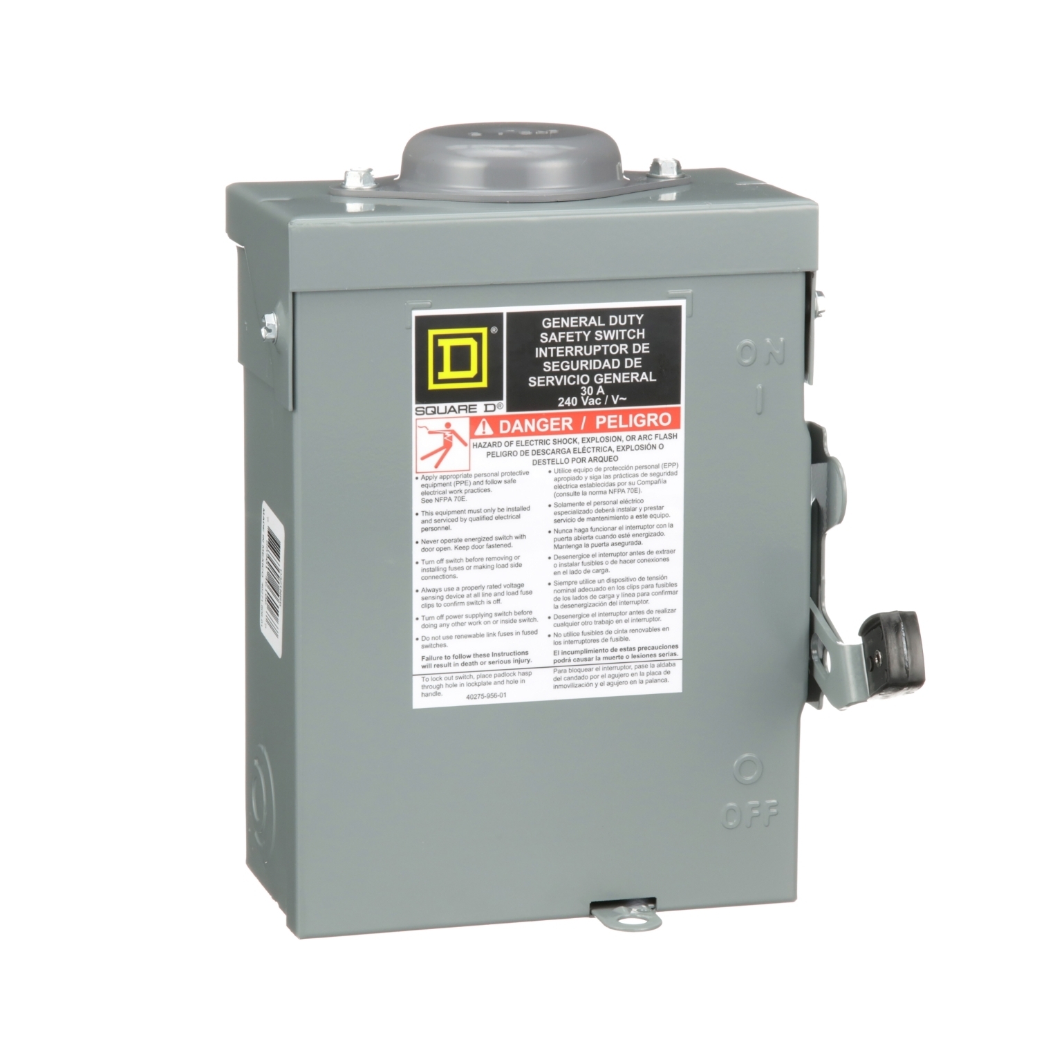 D321NRB E3 Fusible General Duty Iceproof Rainproof Safety Switch, 240 V AC, 30 A, 3 hp/7.5 hp, 3PST Contact, 3 Poles