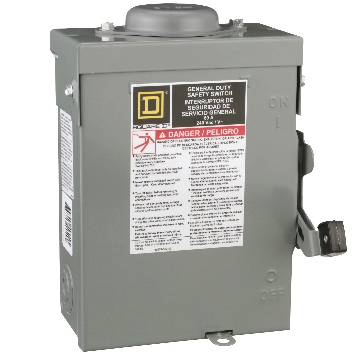 DU222RB E1 Series General Duty Non-Fusible Iceproof Rainproof Safety Switch, 240 V AC, 60 A, 10 hp, DPST Contact, 2 Poles