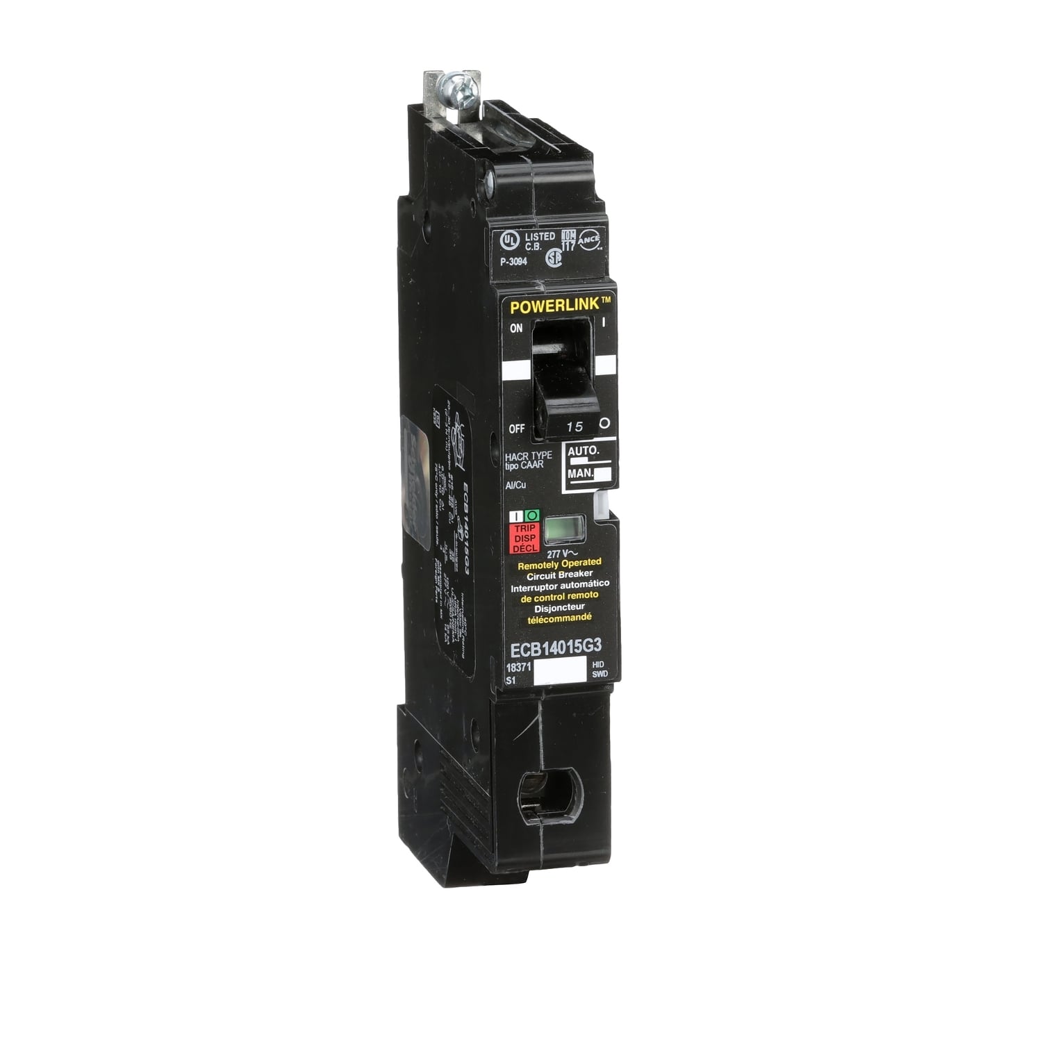 ECB14015G3 Powerlink Type ECB-G3 Molded Case Circuit Breaker, 480/277 V AC, 15 A, 65/14 kA Interrupt, 1 Poles, Thermal Magnetic Trip