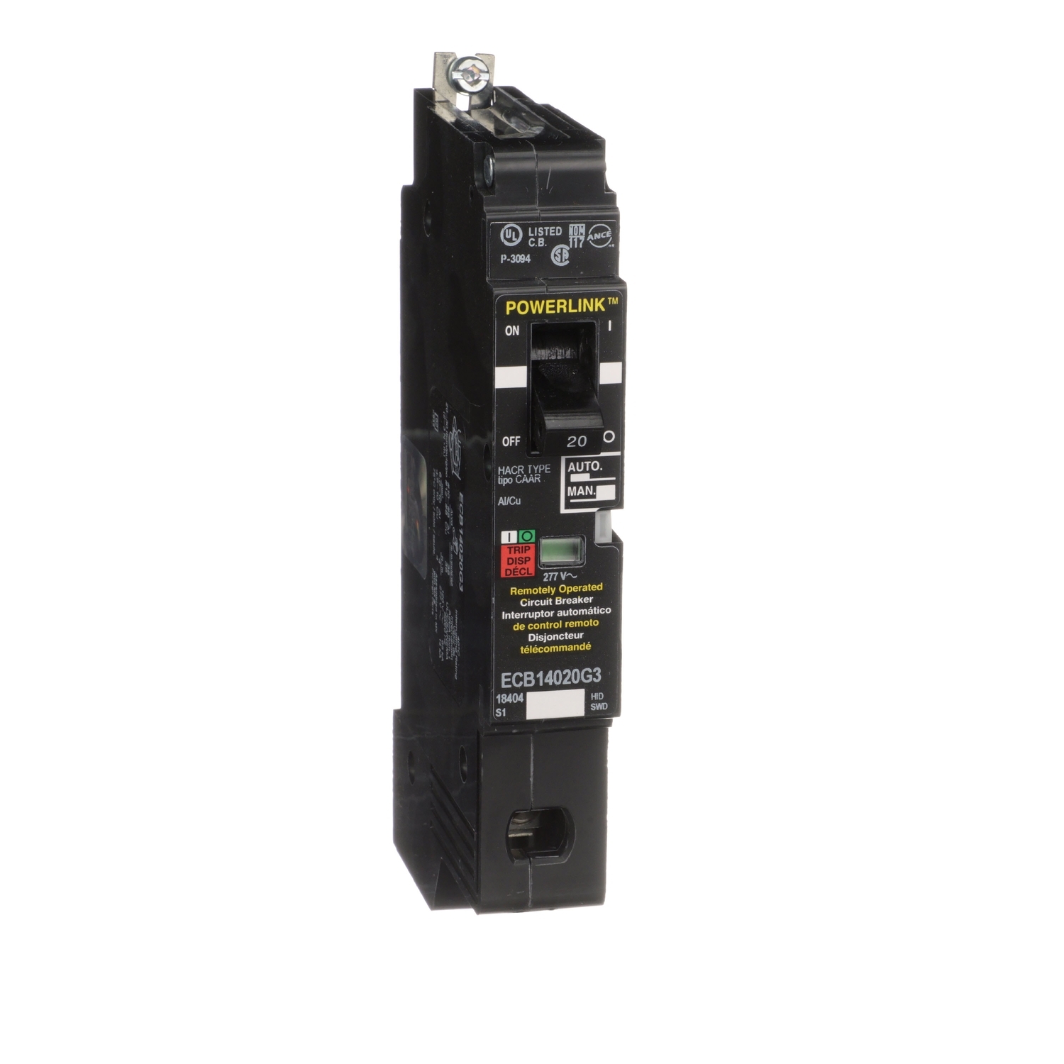 ECB14020G3 Powerlink Type ECB Molded Case Circuit Breaker, 480Y/277 V AC, 20 A, 14/65 kA Interrupt, 1 Pole, Thermal Magnetic Trip