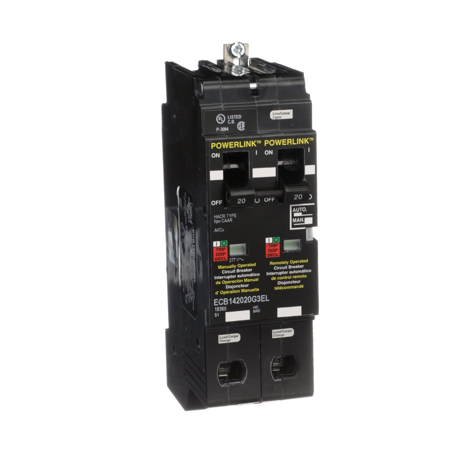 ECB142020G3EL Powerlink Type ECB-G3 Molded Case Circuit Breaker, 480/277 V AC, 20 A, 65/14 kA Interrupt, 1 Poles, Thermal Magnetic Trip