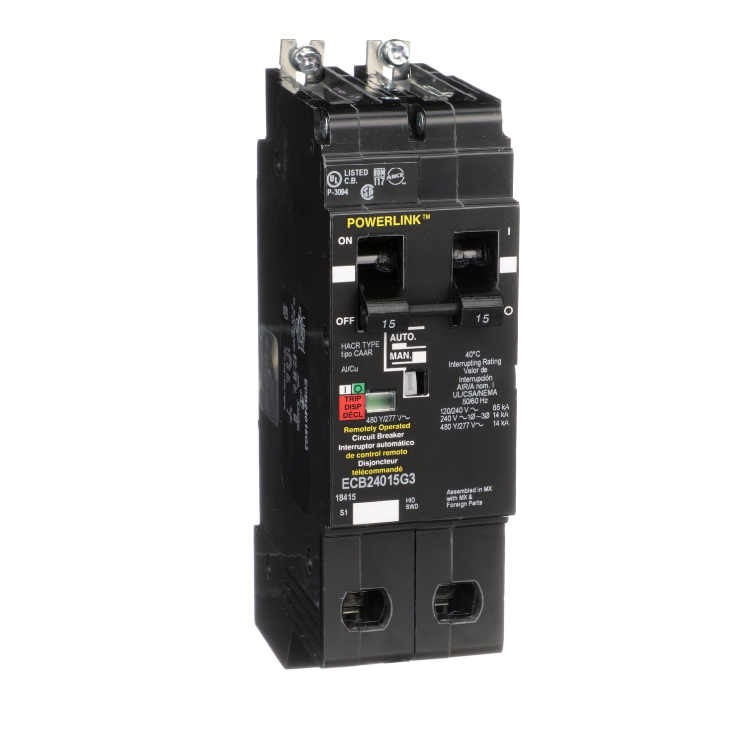 ECB24015G3 Powerlink Type ECB-G3 Molded Case Circuit Breaker, 480/277 V AC, 15 A, 14/65 kA Interrupt, 2 Poles, Thermal Magnetic Trip