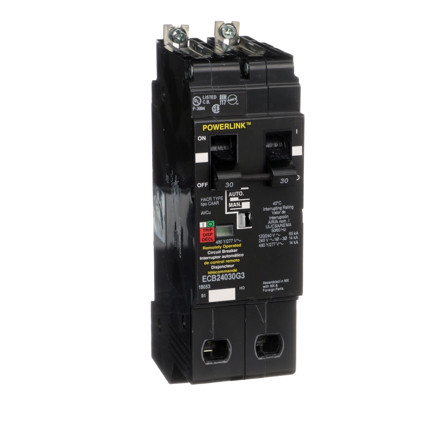 ECB24030G3 Powerlink Type ECB-G3 Molded Case Circuit Breaker, 480/277 V AC, 30 A, 14/65 kA Interrupt, 2 Poles, Thermal Magnetic Trip