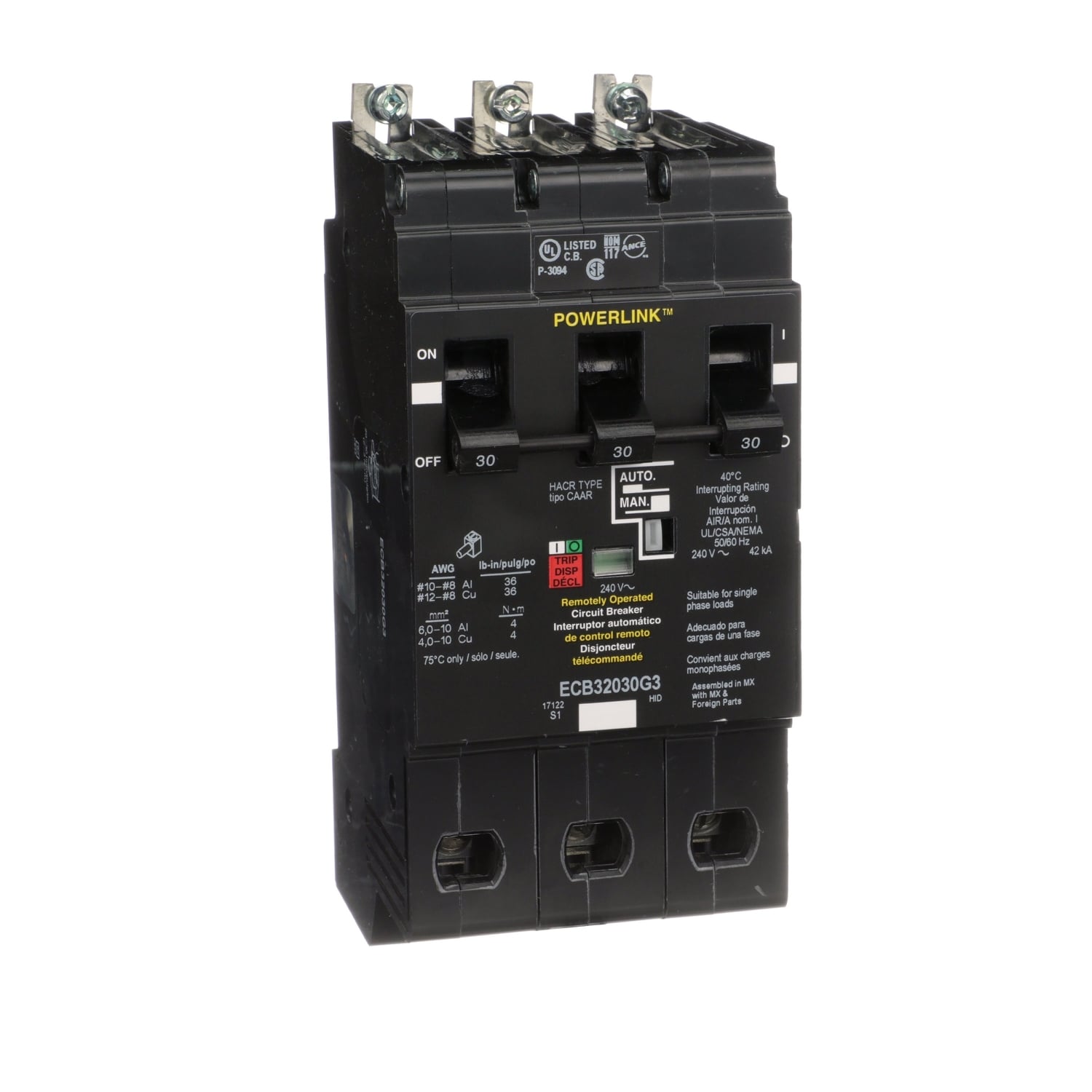 ECB32030G3 Powerlink Type ECB-G3 Molded Case Circuit Breaker, 480/277 V AC, 30 A, 42/14 kA Interrupt, 3 Poles, Thermal Magnetic Trip