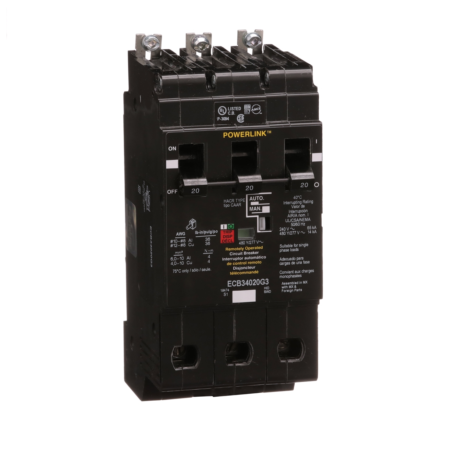ECB34020G3 Powerlink Type ECB-G3 Molded Case Circuit Breaker, 480/277 V AC, 20 A, 42/14 kA Interrupt, 3 Poles, Thermal Magnetic Trip