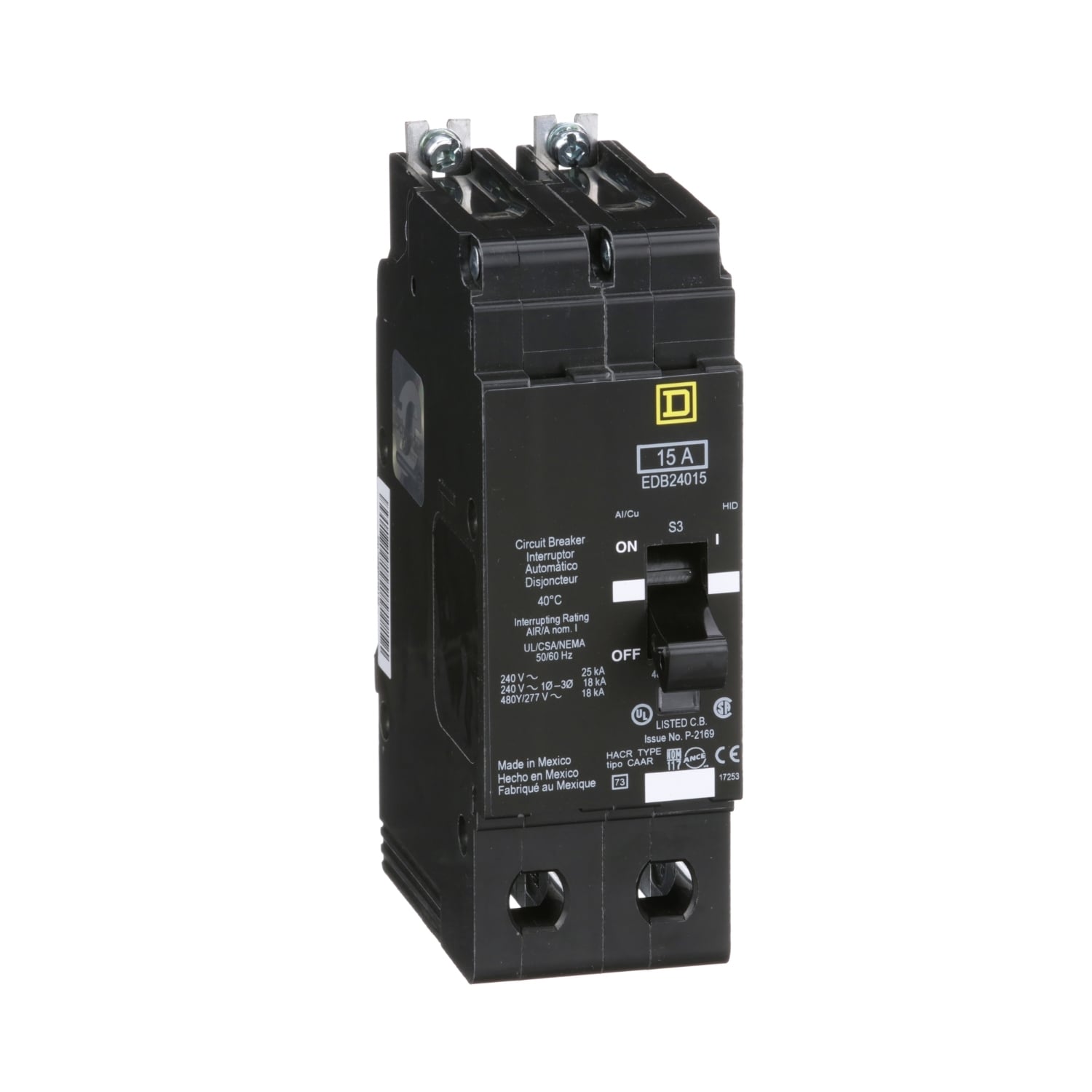 EDB24015 E-FRAME Type EDB Molded Case Standard Miniature Circuit Breaker, 277/480Y V AC, 15 A, 18 kA Interrupt, 2 Poles, Thermal Magnetic Trip