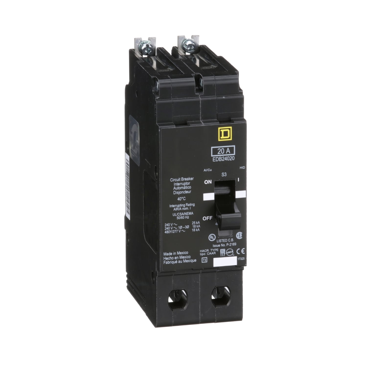 EDB24020 Type EDB Molded Case Standard E-FRAME Miniature Circuit Breaker, 277/480Y V AC, 20 A, 18 kA Interrupt, 2 Poles, Thermal Magnetic Trip