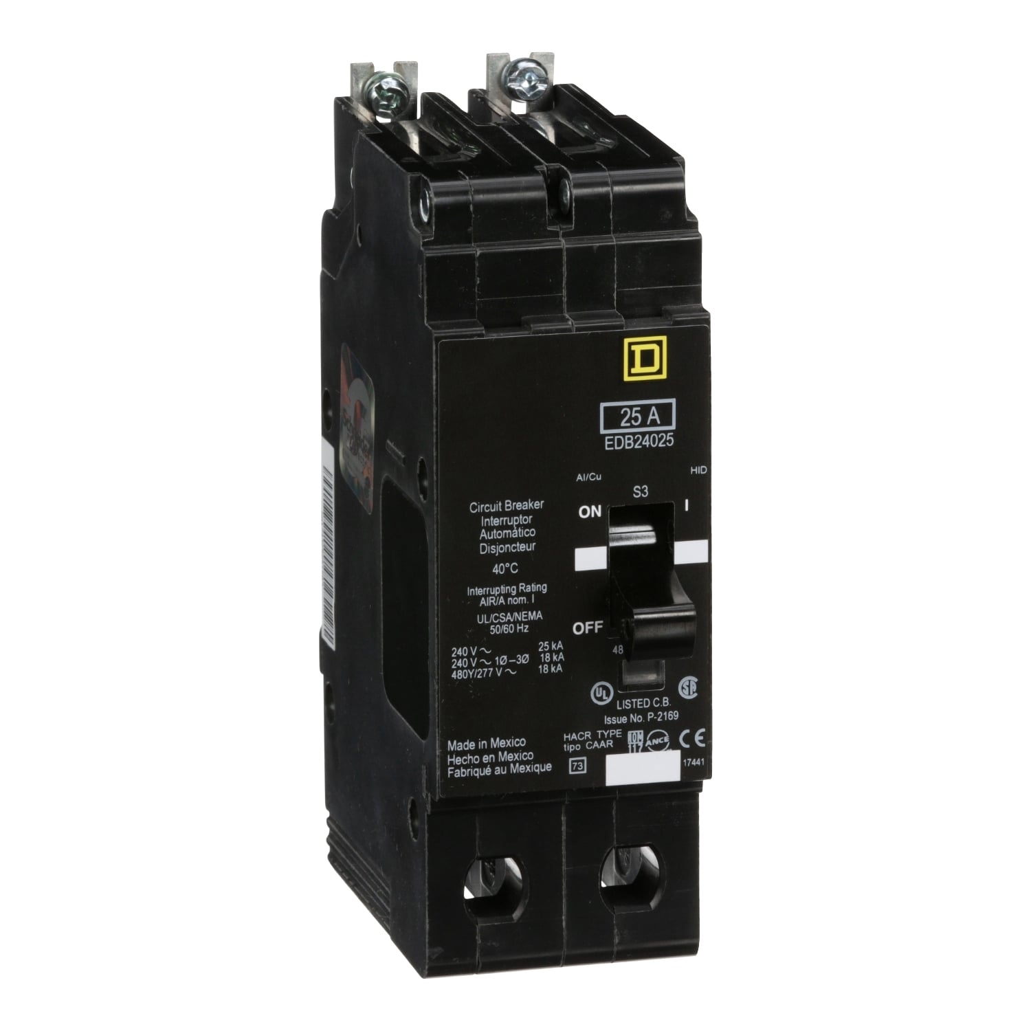 EDB24025 E-FRAME Type EDB Molded Case Standard Miniature Circuit Breaker, 277/480Y V AC, 25 A, 18/25 kA Interrupt, 2 Poles, Thermal Magnetic Trip