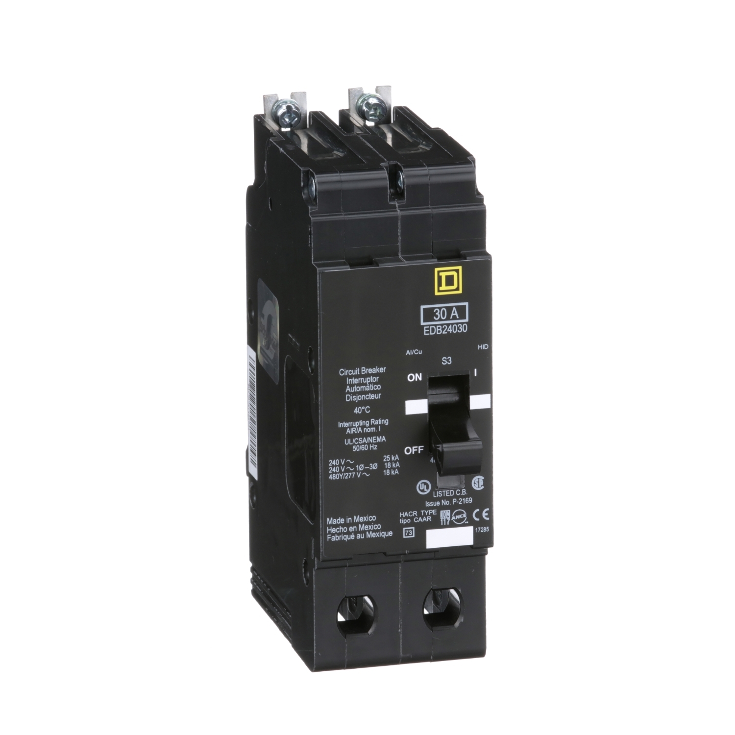 EDB24030 Type EDB Molded Case Standard E-FRAME Miniature Circuit Breaker, 277/480Y V AC, 30 A, 18 kA Interrupt, 2 Poles, Thermal Magnetic Trip