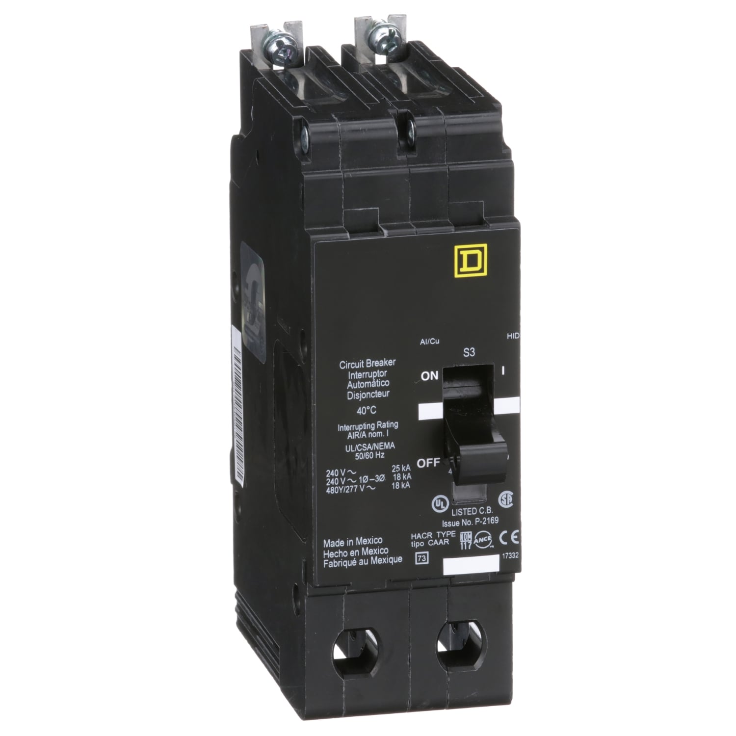 EDB24035 Type EDB Miniature Circuit Breaker, 277/480Y V AC, 35 A, 18 kA at 277 VAC, 18 kA at 480Y/277 VAC, 25 kA at 120/240 VAC Interrupt, 2 Poles, Thermal Magnetic Trip