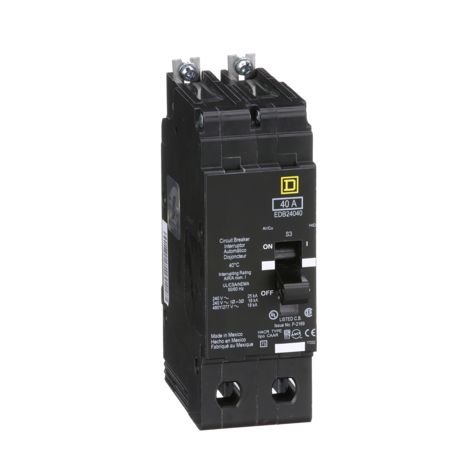 EDB24040 Type EDB Molded Case Standard E-FRAME Miniature Circuit Breaker, 277/480Y V AC, 40 A, 18 kA Interrupt, 2 Poles, Thermal Magnetic Trip