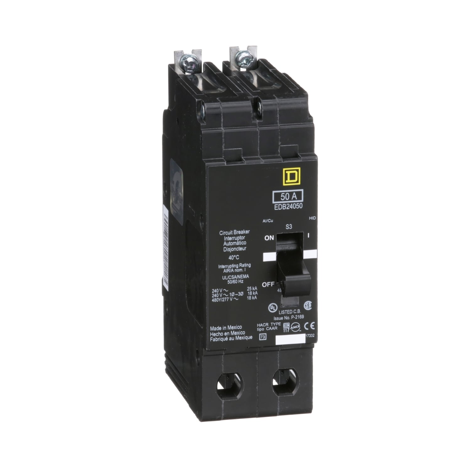EDB24050 Type EDB Molded Case Standard E-FRAME Miniature Circuit Breaker, 277/480Y V AC, 50 A, 18 kA Interrupt, 2 Poles, Thermal Magnetic Trip