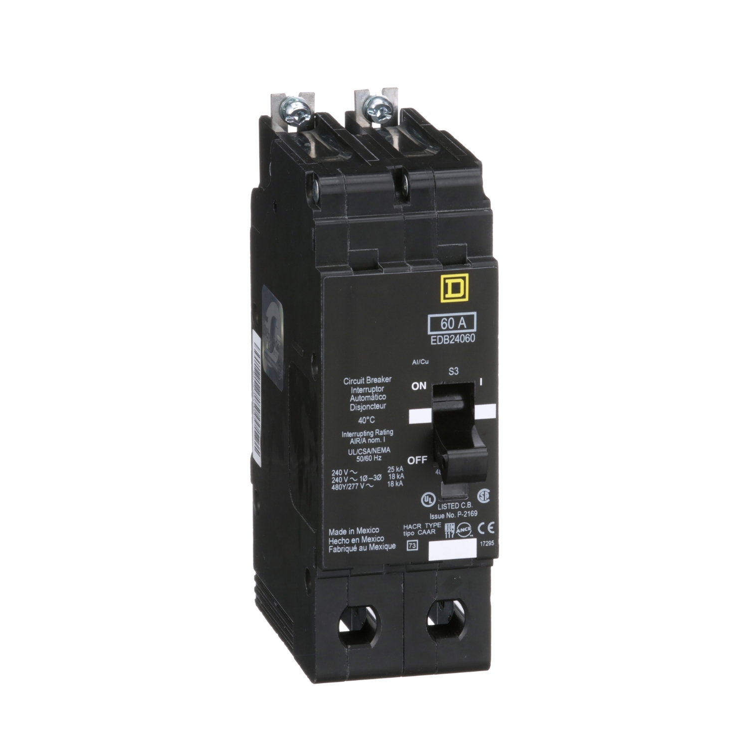 EDB24060 Type EDB Molded Case Standard E-FRAME Miniature Circuit Breaker, 277/480Y V AC, 60 A, 18 kA Interrupt, 3 Poles, Thermal Magnetic Trip