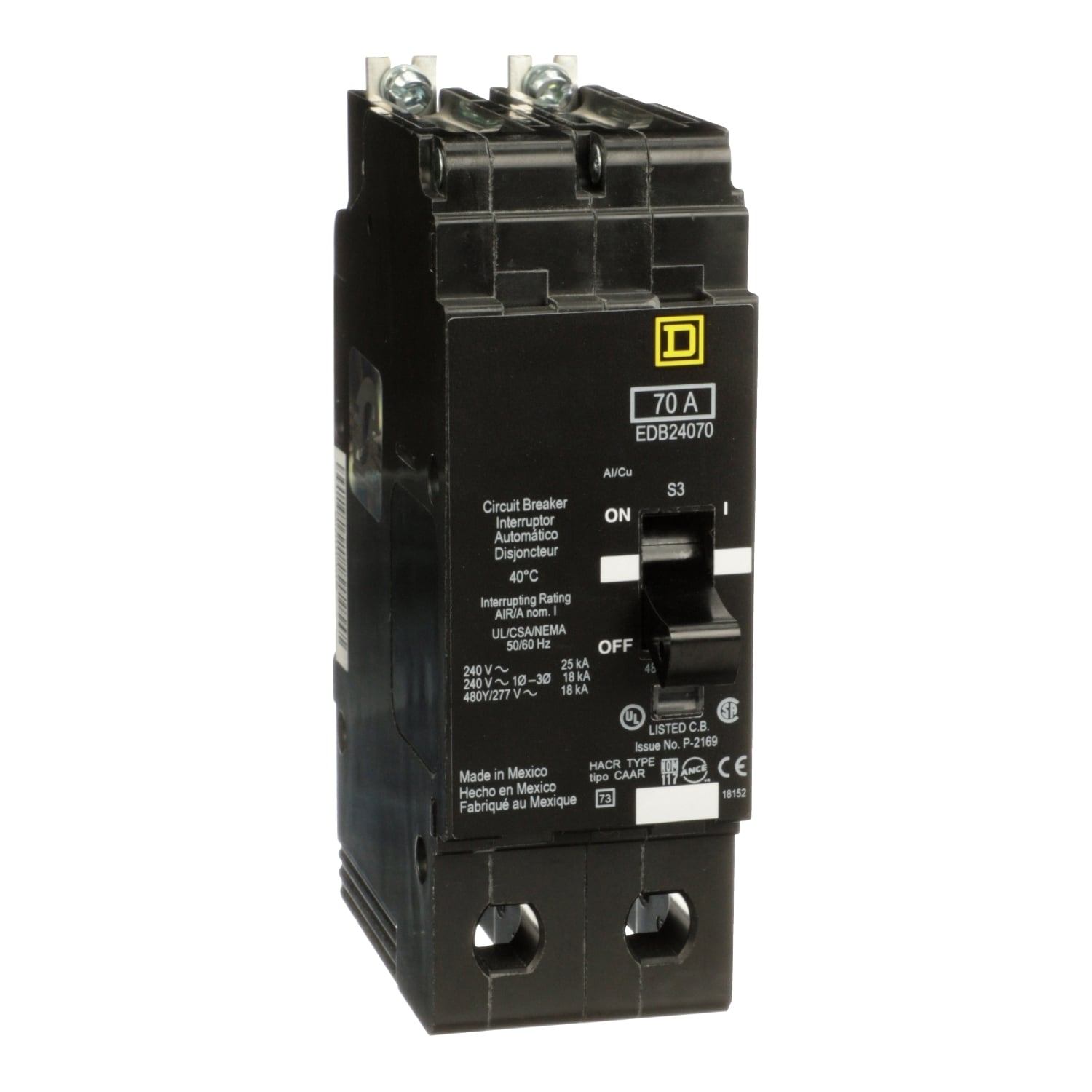 EDB24070 E-FRAME Type EDB Molded Case Miniature Circuit Breaker, 277/480Y V AC, 70 A, 18 kA Interrupt, 2 Poles, Thermal Magnetic Trip
