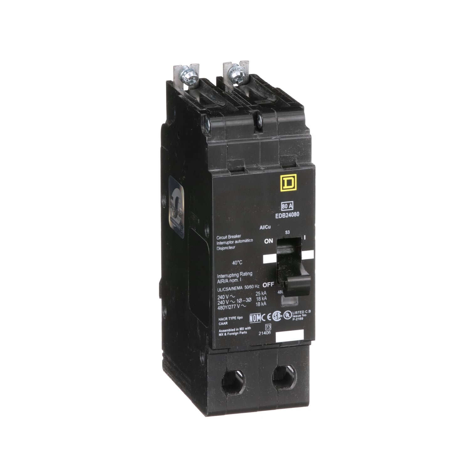 EDB24080 E-FRAME Type EDB Molded Case Standard Miniature Circuit Breaker, 277/480Y V AC, 80 A, 18/25 kA Interrupt, 2 Poles, Thermal Magnetic Trip