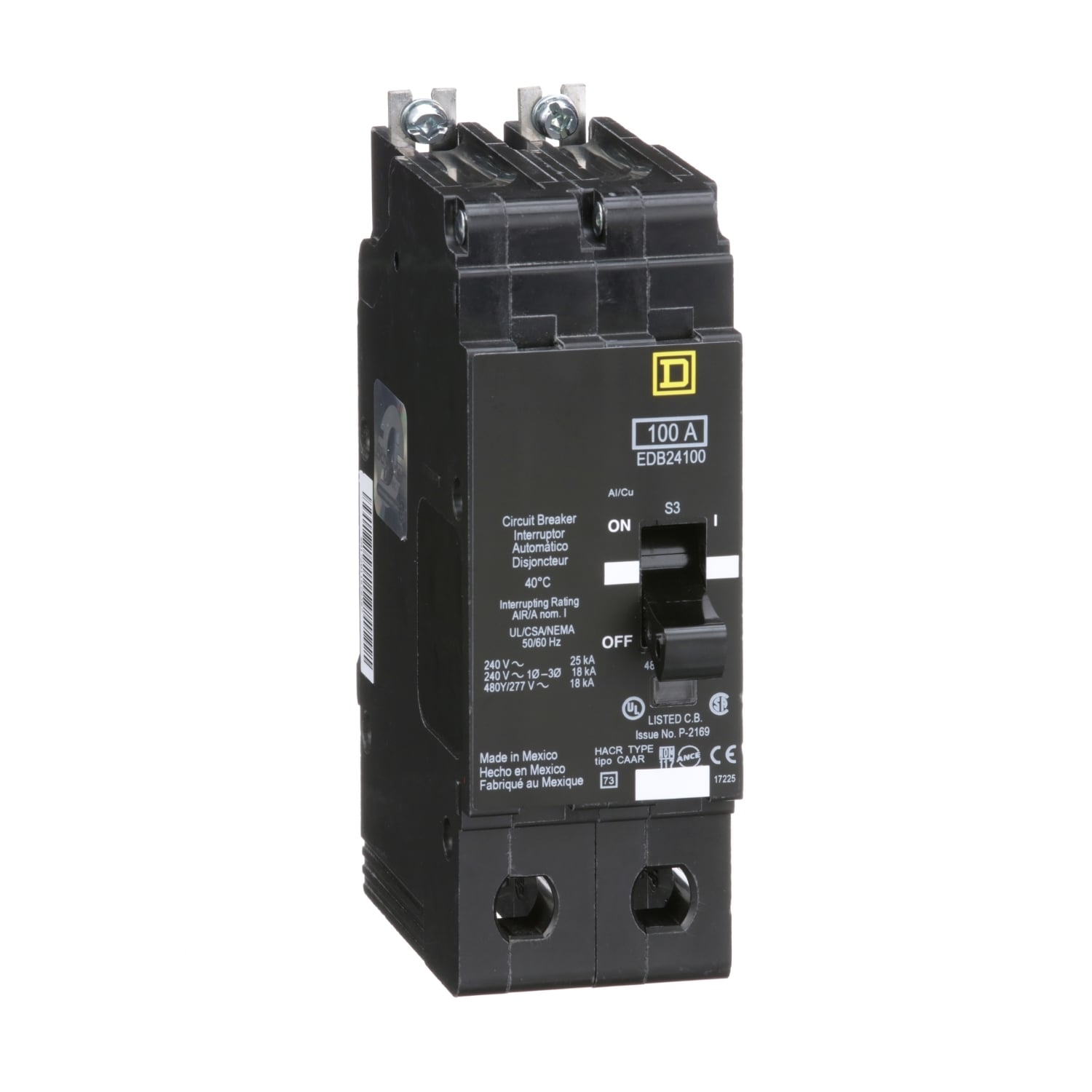 EDB24100 E-FRAME Type EDB Molded Case Standard Miniature Circuit Breaker, 277/480Y V AC, 100 A, 18 kA Interrupt, 2 Poles, Thermal Magnetic Trip