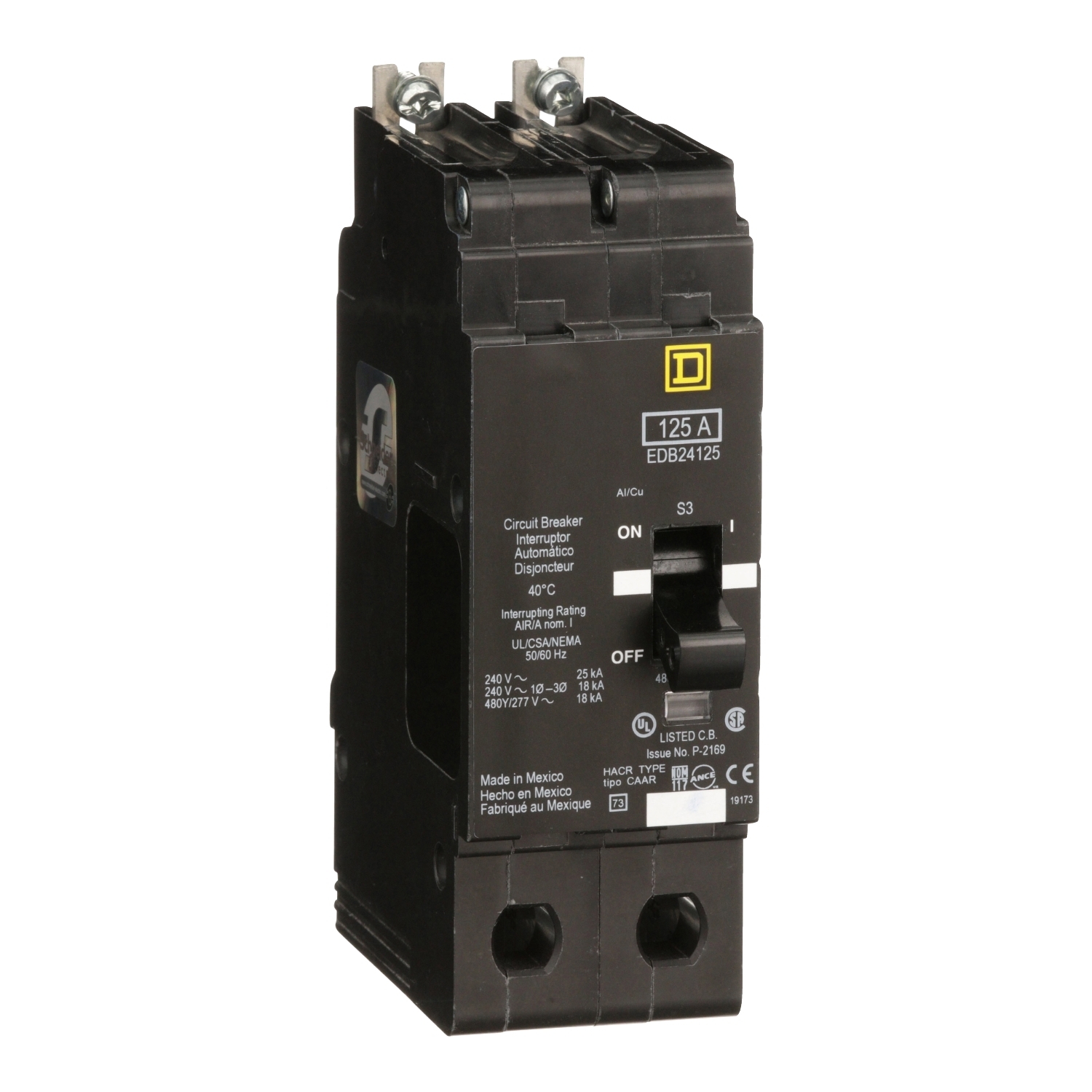EDB24125 E-FRAME Type EDB Molded Case Miniature Circuit Breaker, 277/480Y V AC, 125 A, 18 kA Interrupt, 2 Poles, Thermal Magnetic Trip