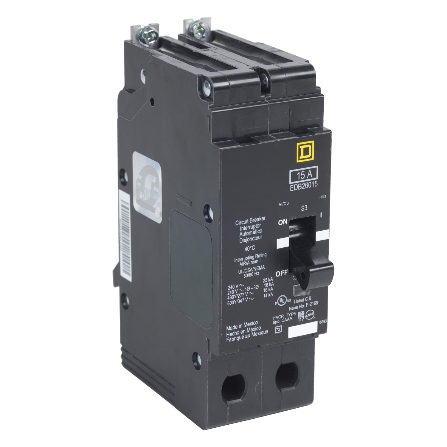 EDB26030 Type EDB Molded Case Circuit Breaker, 600Y/347 V AC, 30 A, 25 kA at 240 VAC, 18 kA at 480 VAC Interrupt, 2 Poles, Thermal Magnetic Trip