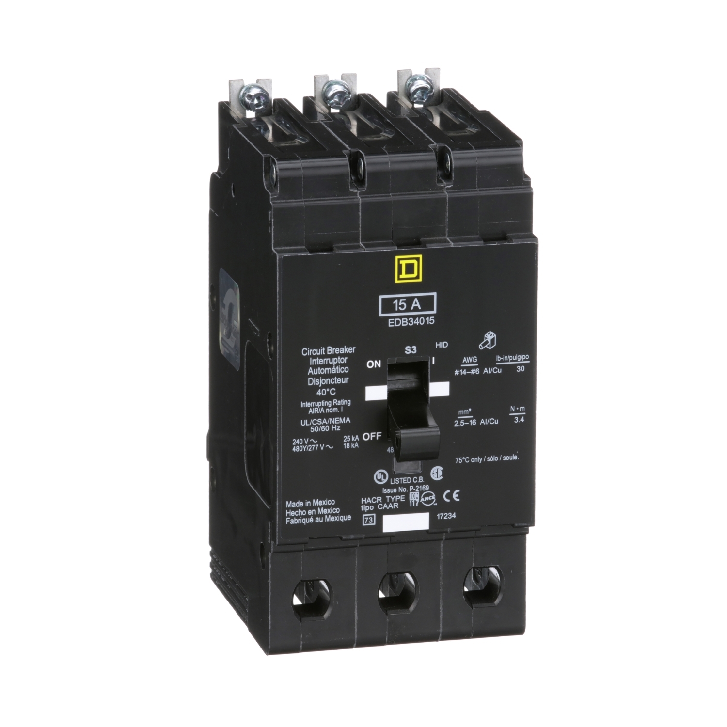 EDB34015 Type EDB Molded Case Standard E-FRAME Miniature Circuit Breaker, 277/480Y V AC, 15 A, 18 kA Interrupt, 3 Poles, Thermal Magnetic Trip