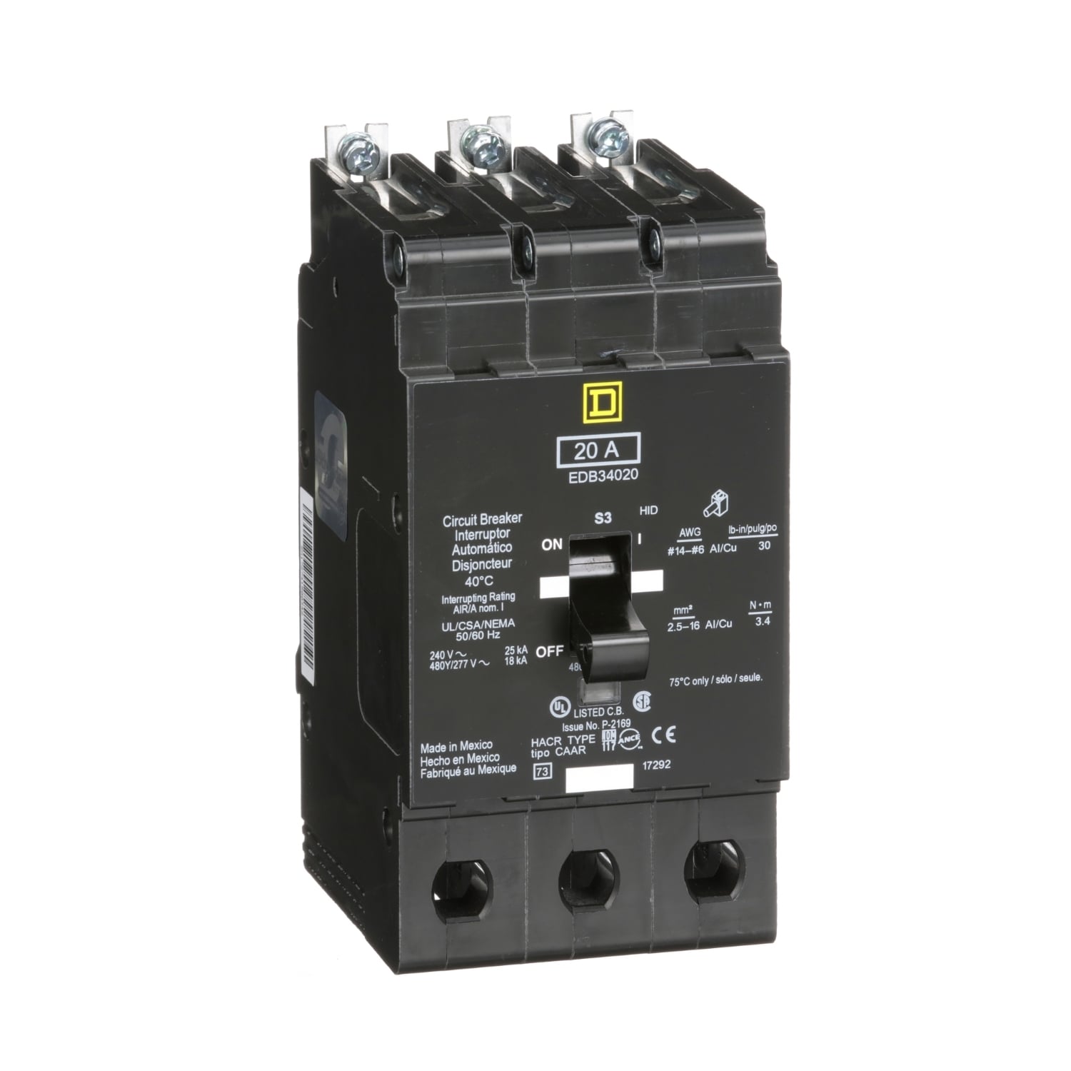 EDB34020 Type EDB Molded Case Standard E-FRAME Miniature Circuit Breaker, 277/480Y V AC, 20 A, 18 kA Interrupt, 3 Poles, Thermal Magnetic Trip