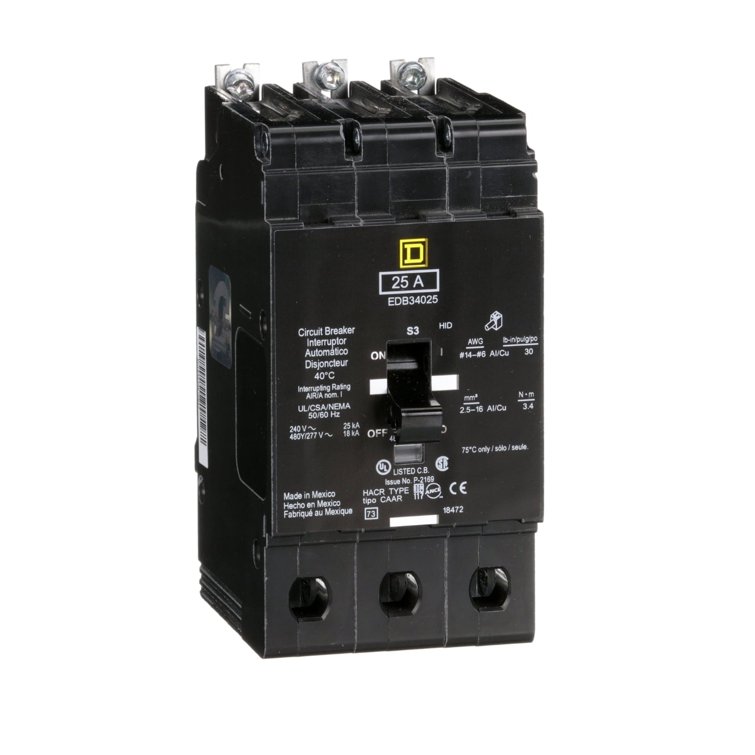 EDB34025 Type EDB Molded Case Standard E-FRAME Miniature Circuit Breaker, 277/480Y V AC, 25 A, 18 kA Interrupt, 3 Poles, Thermal Magnetic Trip