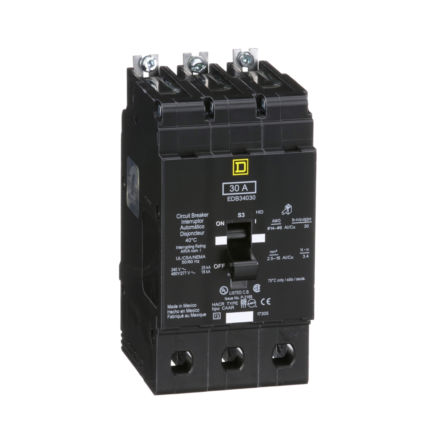 EDB34030 Type EDB Molded Case Standard E-FRAME Miniature Circuit Breaker, 277/480Y V AC, 30 A, 18 kA Interrupt, 3 Poles, Thermal Magnetic Trip
