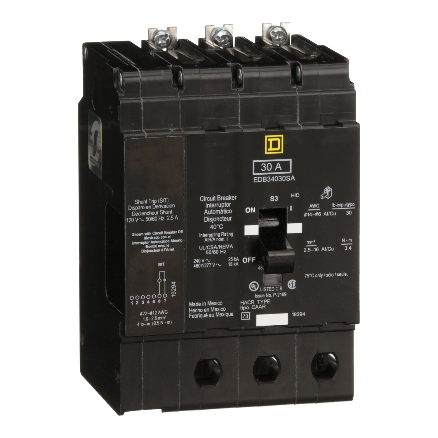 EDB34030SA E-FRAME Type EDB Ground Fault Molded Case Miniature Circuit Breaker, 277/480Y V AC, 30 A, 18/25 kA Interrupt, 3 Poles, Thermal Magnetic Trip
