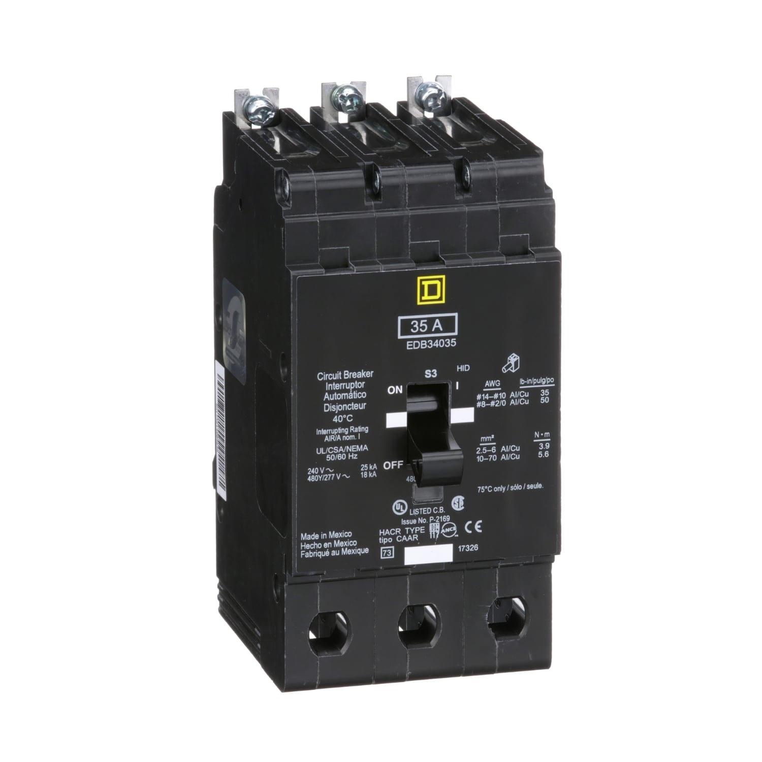 EDB34035 E-FRAME Type EDB Molded Case Standard Miniature Circuit Breaker, 277/480Y V AC, 35 A, 18 kA Interrupt, 3 Poles, Thermal Magnetic Trip