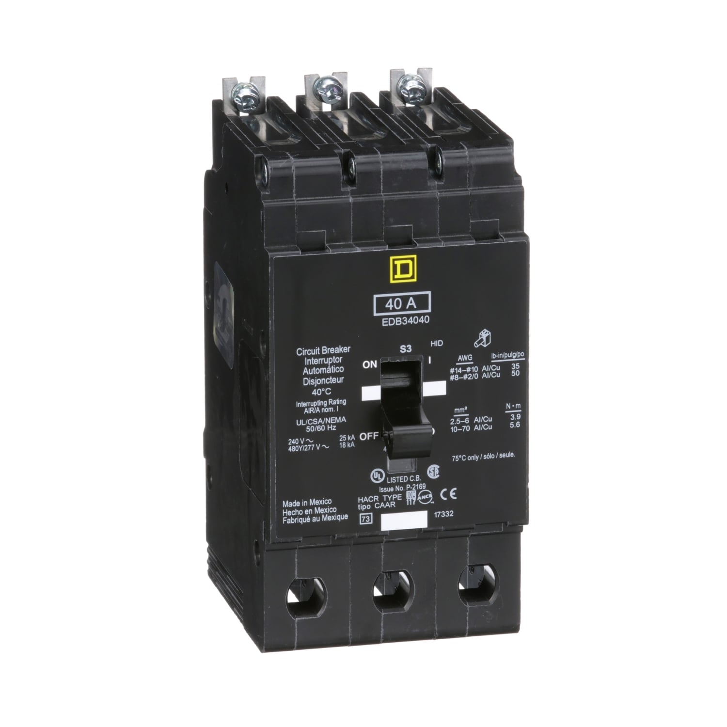 EDB34040 Type EDB Molded Case Standard E-FRAME Miniature Circuit Breaker, 277/480Y V AC, 40 A, 18 kA Interrupt, 3 Poles, Thermal Magnetic Trip