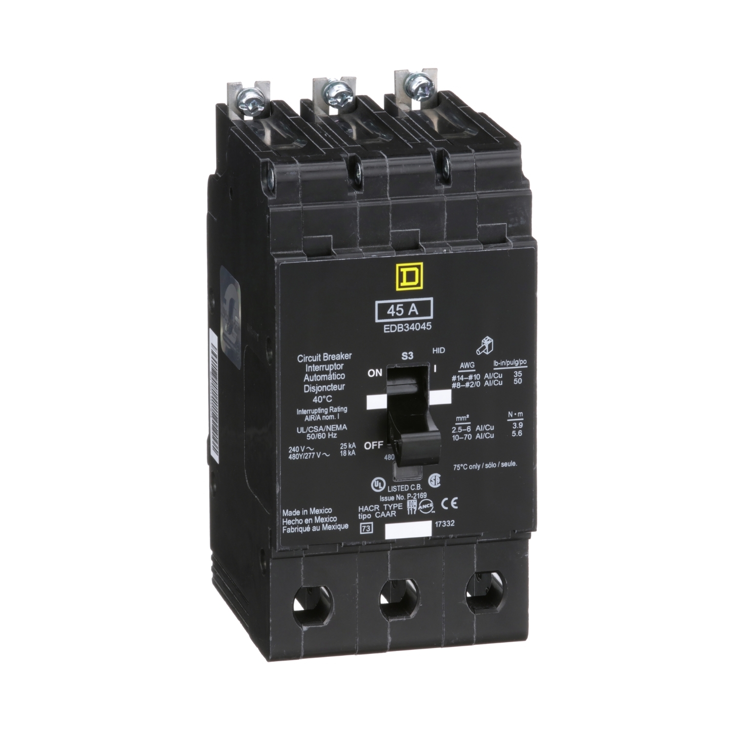 EDB34045 Type EDB Molded Case Standard E-FRAME Miniature Circuit Breaker, 277/480Y V AC, 45 A, 18 kA Interrupt, 3 Poles, Thermal Magnetic Trip