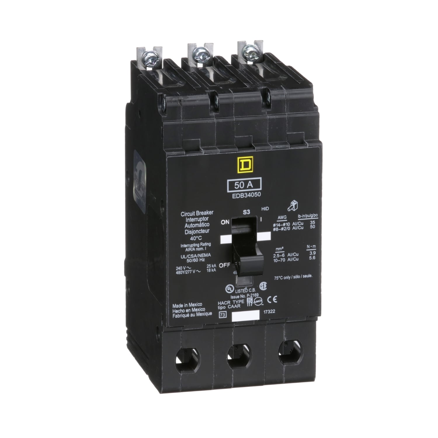 EDB34050 Type EDB Molded Case Standard E-FRAME Miniature Circuit Breaker, 277/480Y V AC, 50 A, 18 kA Interrupt, 3 Poles, Thermal Magnetic Trip