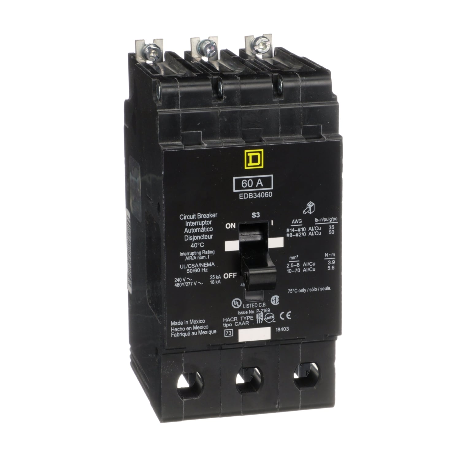 EDB34060 Molded Case Standard Miniature Circuit Breaker, 277/480Y V AC, 60 A, 18 kA Interrupt, 3 Poles, Thermal Magnetic Trip