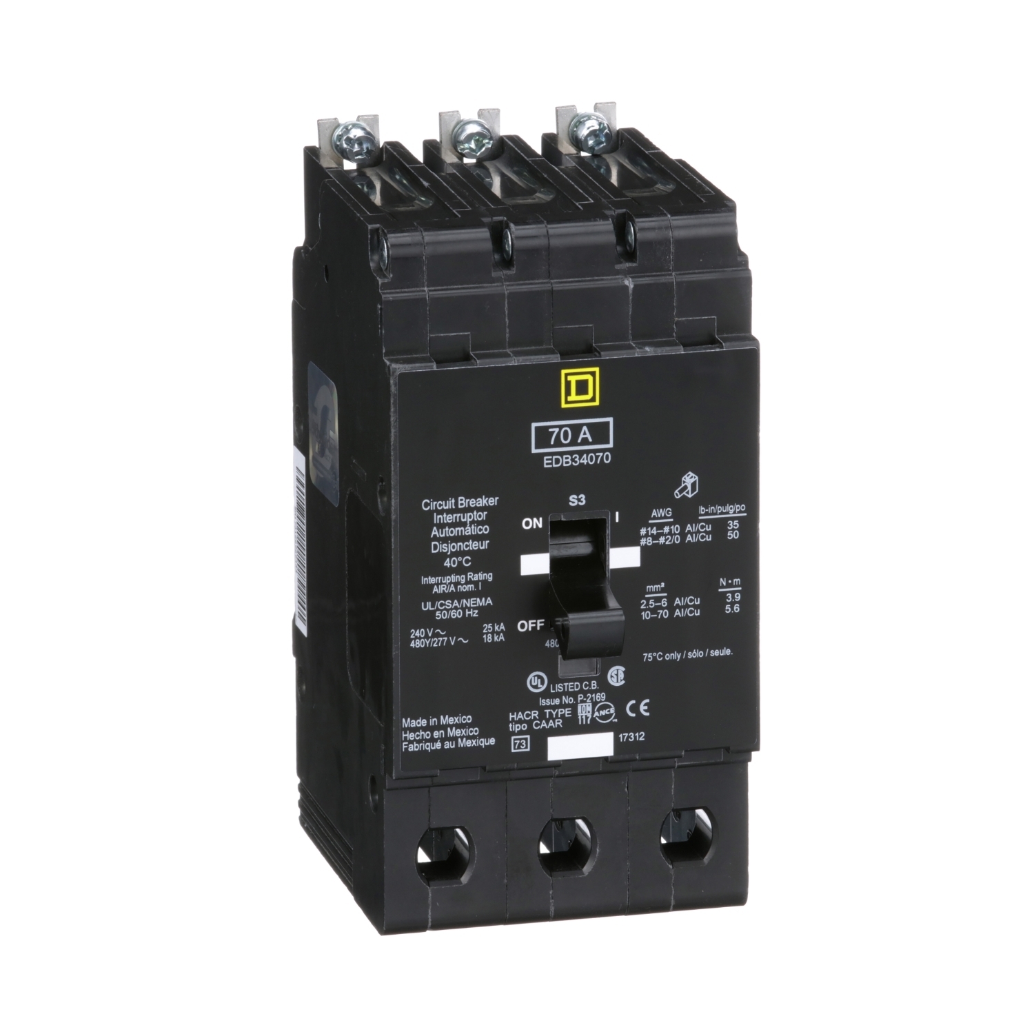 EDB34070 Type EDB Molded Case Standard E-FRAME Miniature Circuit Breaker, 277/480Y V AC, 70 A, 18 kA Interrupt, 3 Poles, Thermal Magnetic Trip