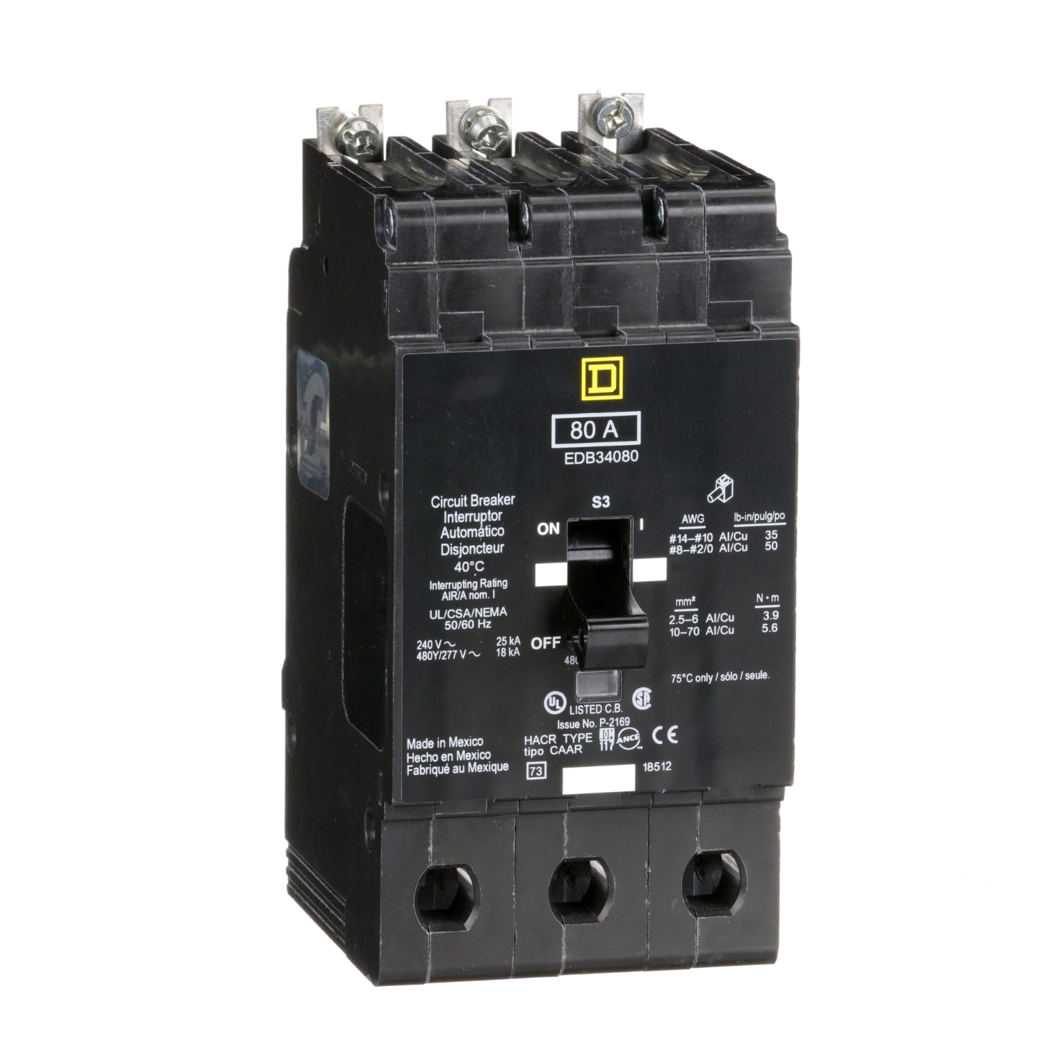 EDB34080 Type EDB Molded Case Standard E-FRAME Miniature Circuit Breaker, 277/480Y V AC, 80 A, 18 kA Interrupt, 3 Poles, Thermal Magnetic Trip