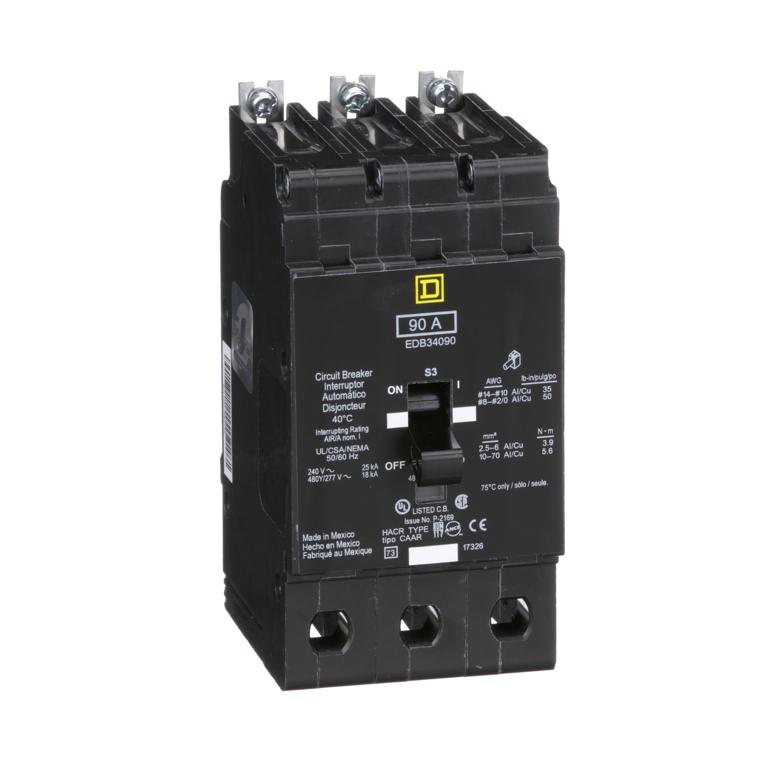 EDB34090 E-FRAME Type EDB Molded Case Standard Miniature Circuit Breaker, 277/480Y V AC, 90 A, 18 kA Interrupt, 3 Poles, Thermal Magnetic Trip
