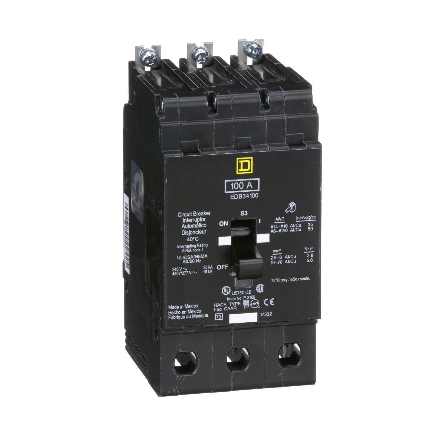 EDB34100 Molded Case Standard Miniature Circuit Breaker, 277/480Y V AC, 100 A, 18 kA Interrupt, 3 Poles, Thermal Magnetic Trip