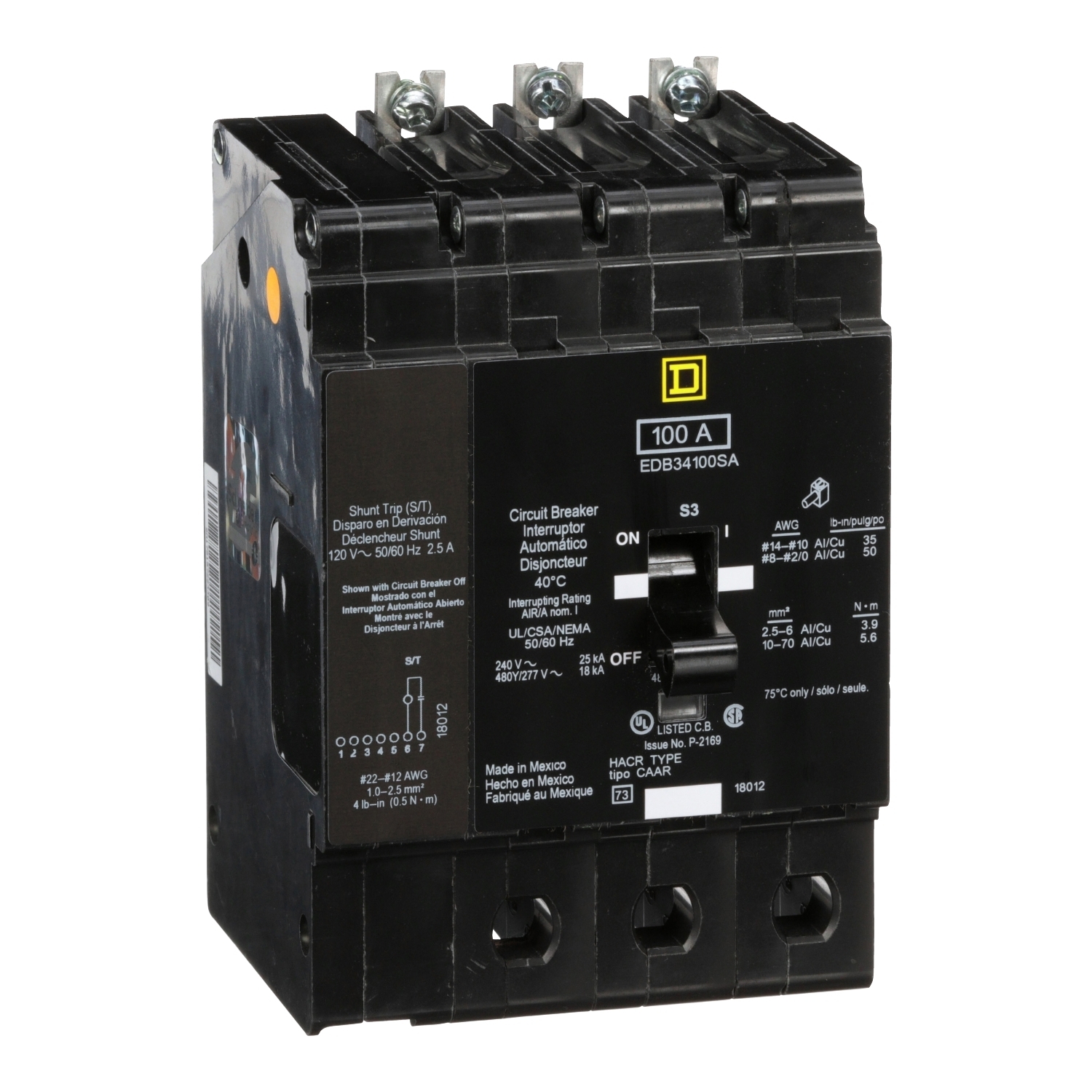 EDB34100SA E-FRAME Type EDB Ground Fault Molded Case Miniature Circuit Breaker, 277/480Y V AC, 100 A, 18 kA Interrupt, 3 Poles, Thermal Magnetic Trip