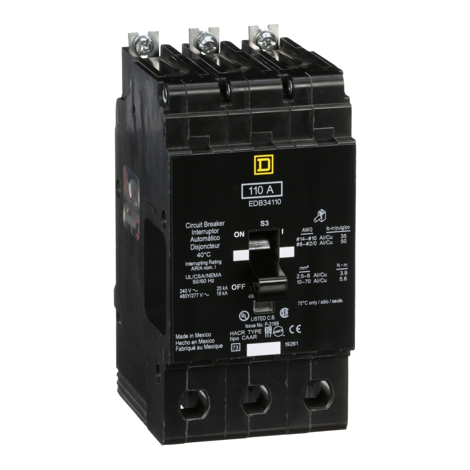 EDB34110 E-FRAME Type EDB Molded Case Standard Miniature Circuit Breaker, 277/480Y V AC, 110 A, 18 kA Interrupt, 3 Poles, Thermal Magnetic Trip
