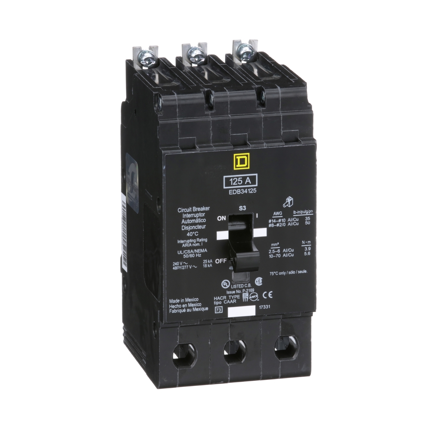 EDB34125 Type EDB Molded Case Standard E-FRAME Miniature Circuit Breaker, 277/480Y V AC, 125 A, 18 kA Interrupt, 3 Poles, Thermal Magnetic Trip