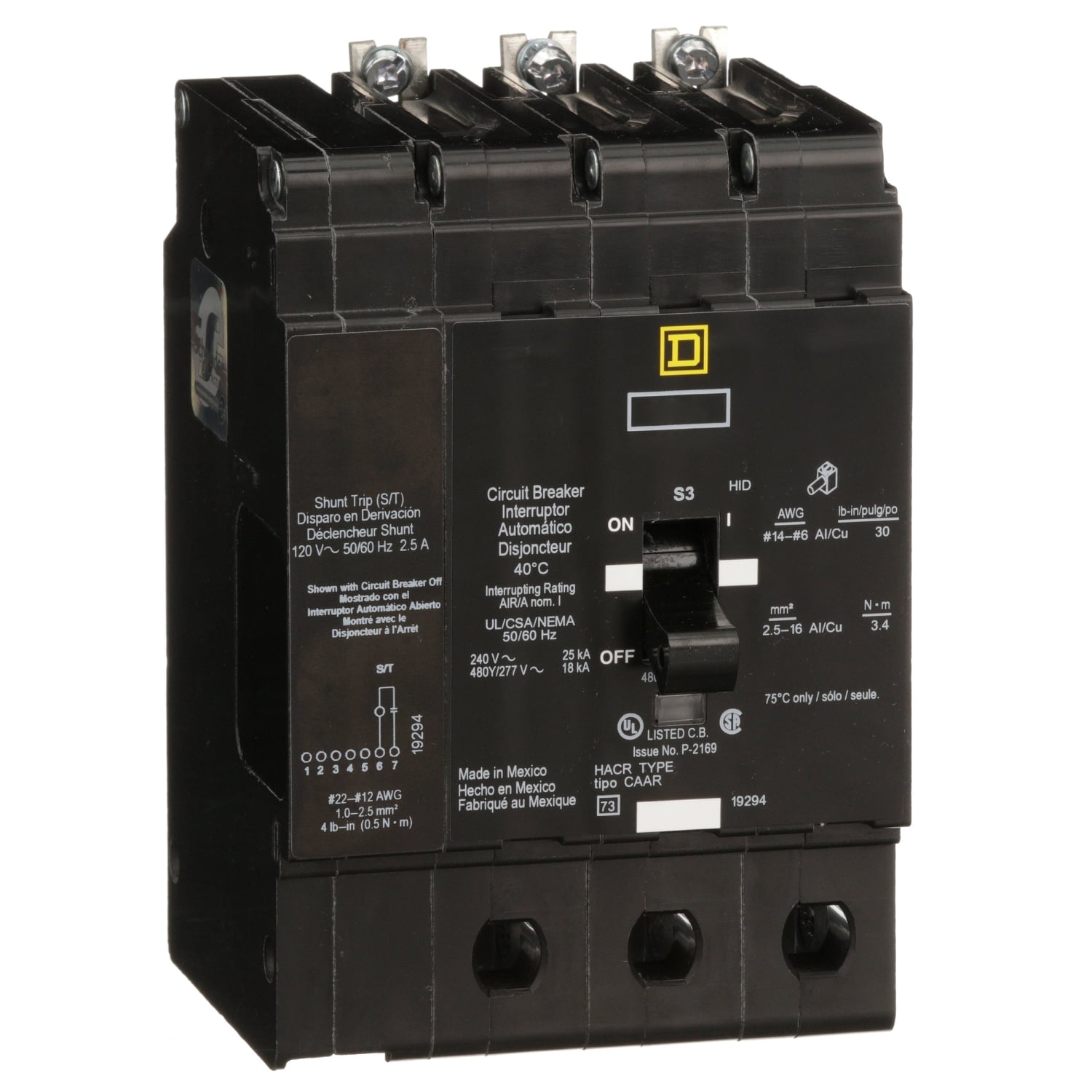 EDB34125SA Type EDB Circuit Breaker, 480Y/277 V AC, 125 A, 25 kA at 240 VAC/18 kA at 480Y/277 VAC Interrupt, 3 Poles, Thermal Magnetic Trip