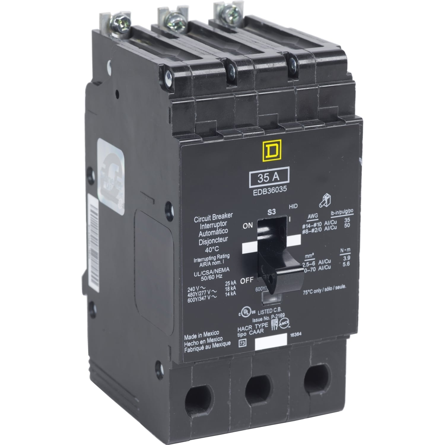 EDB36040 Standard Molded Case Circuit Breaker, 600Y/347 V AC, 40 A, 14 kA Interrupt, 3 Poles, Thermal Magnetic Trip