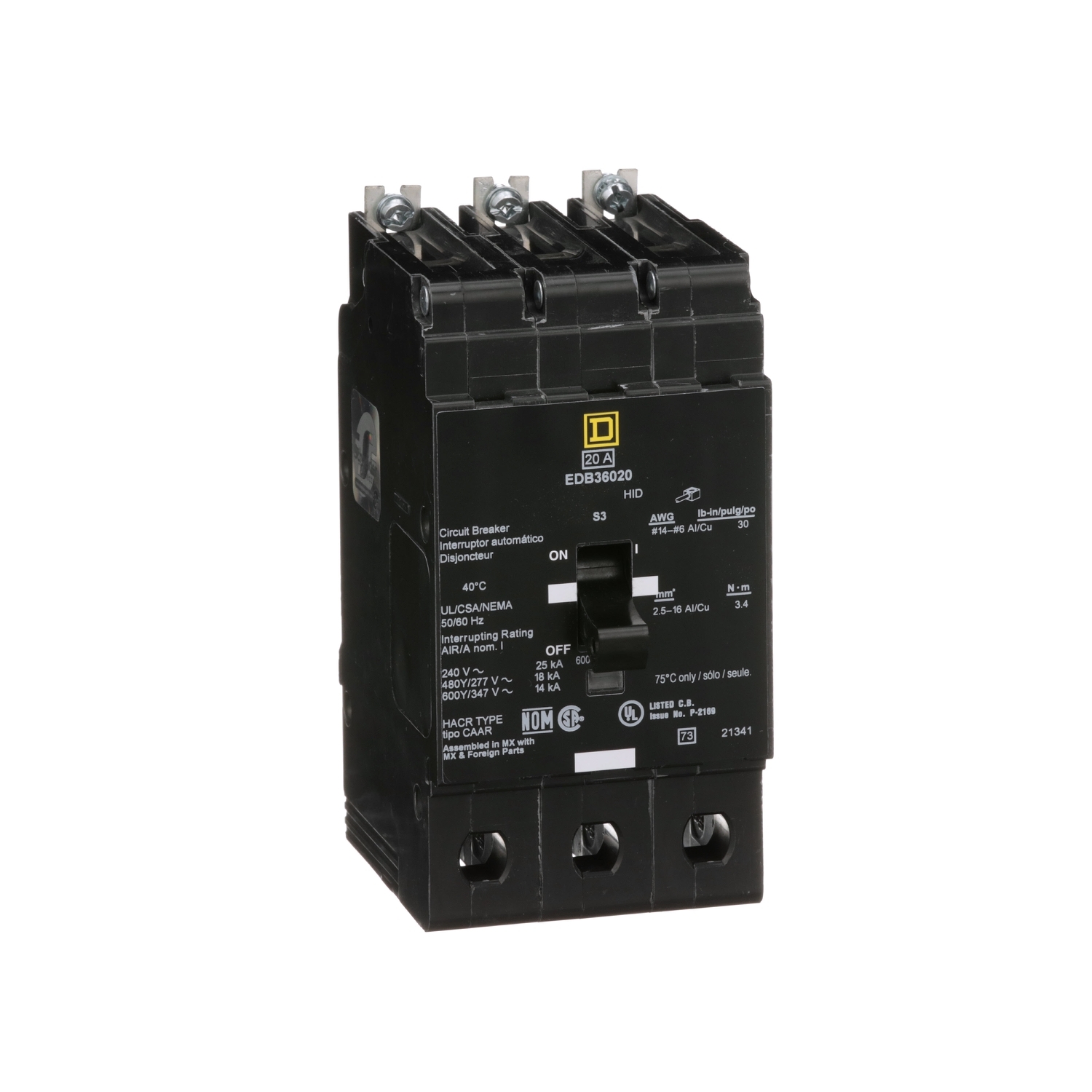 EDB36080 Branch Circuit Breaker, 347/600 V AC, 80 A, 14 kA Interrupt, 3 Poles, Thermal Magnetic Trip