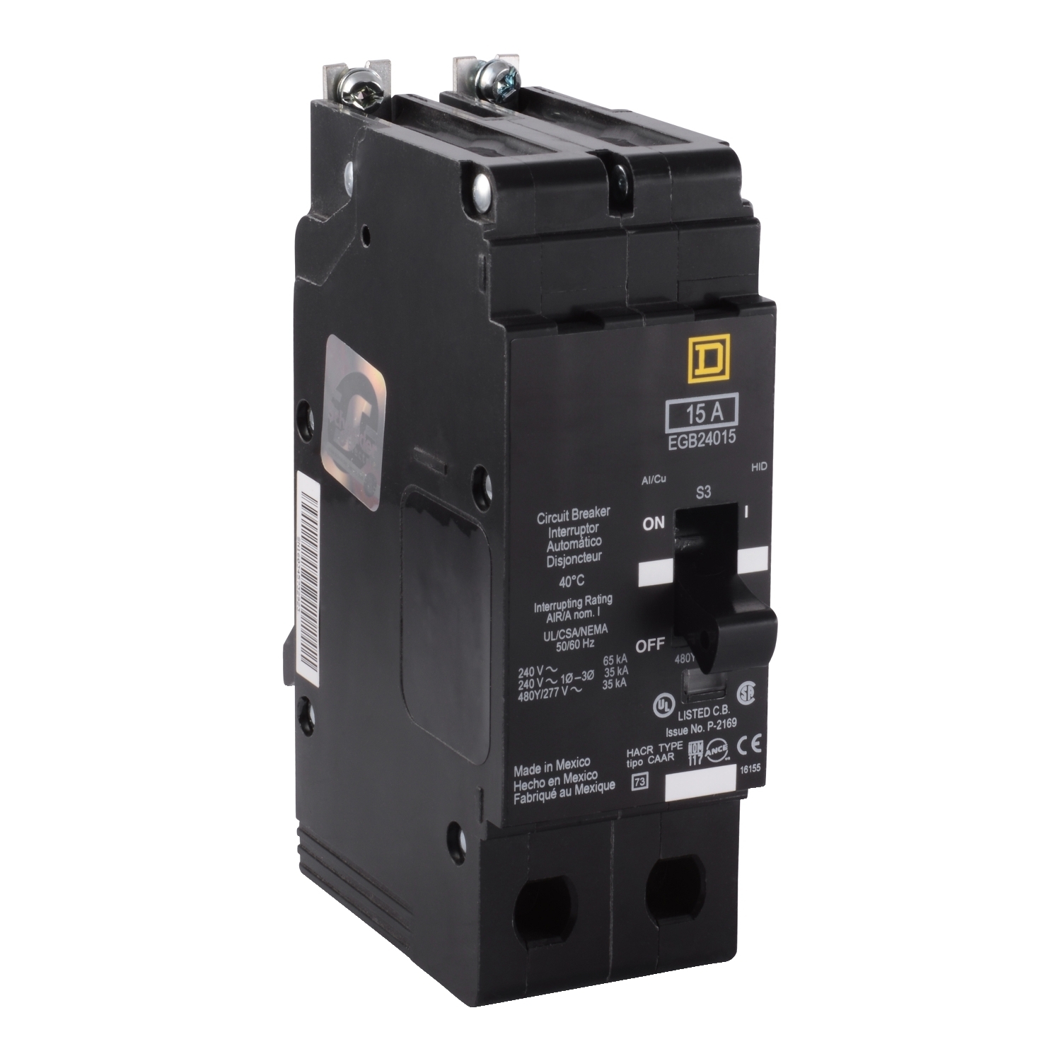 EGB24015 E-FRAME Type EGB Molded Case Miniature Circuit Breaker, 277/480Y V AC, 15 A, 35 kA Interrupt, 2 Poles, Thermal Magnetic Trip