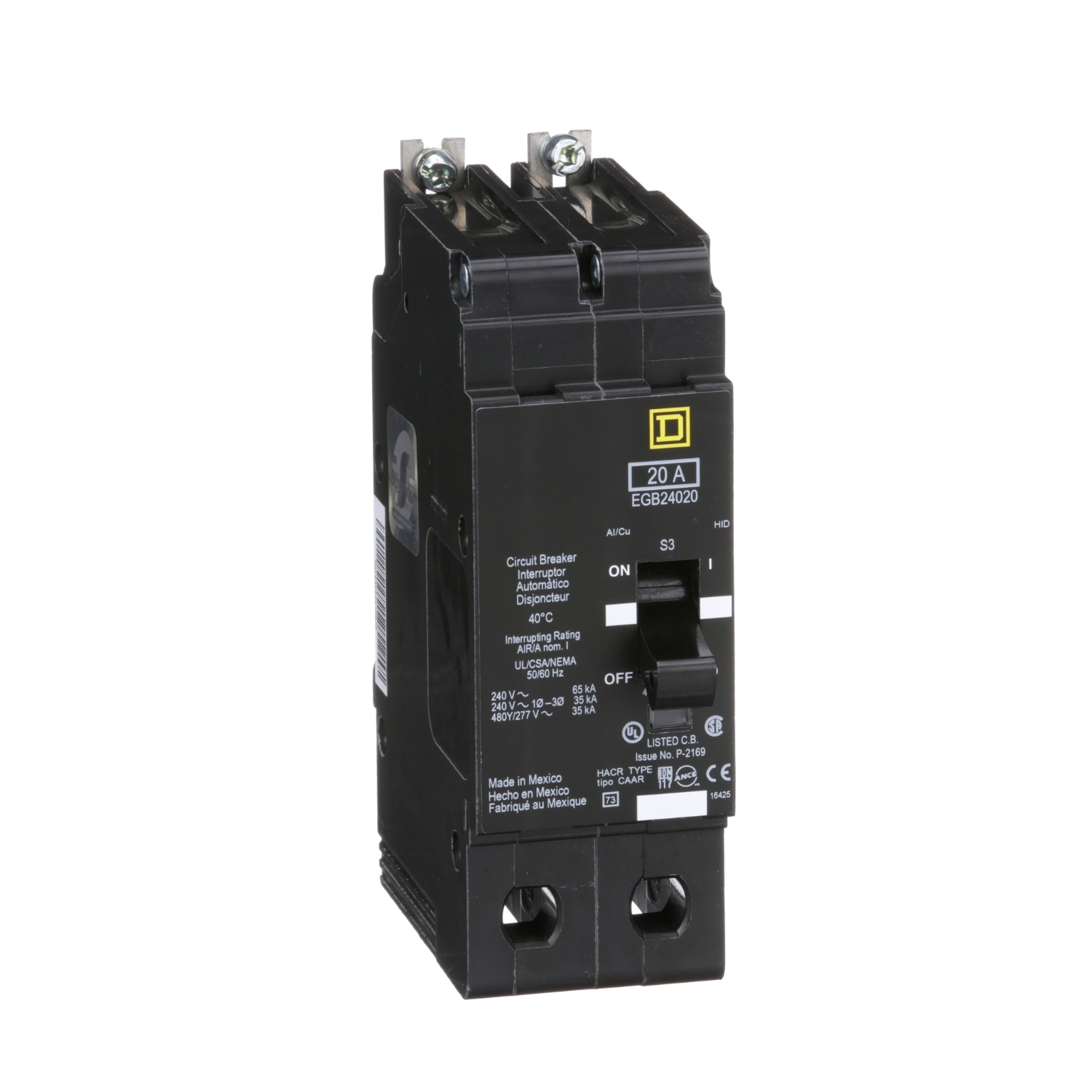 EGB24020 E-FRAME Type EGB Molded Case Miniature Circuit Breaker, 277/480Y V AC, 20 A, 35 kA Interrupt, 2 Poles, Thermal Magnetic Trip